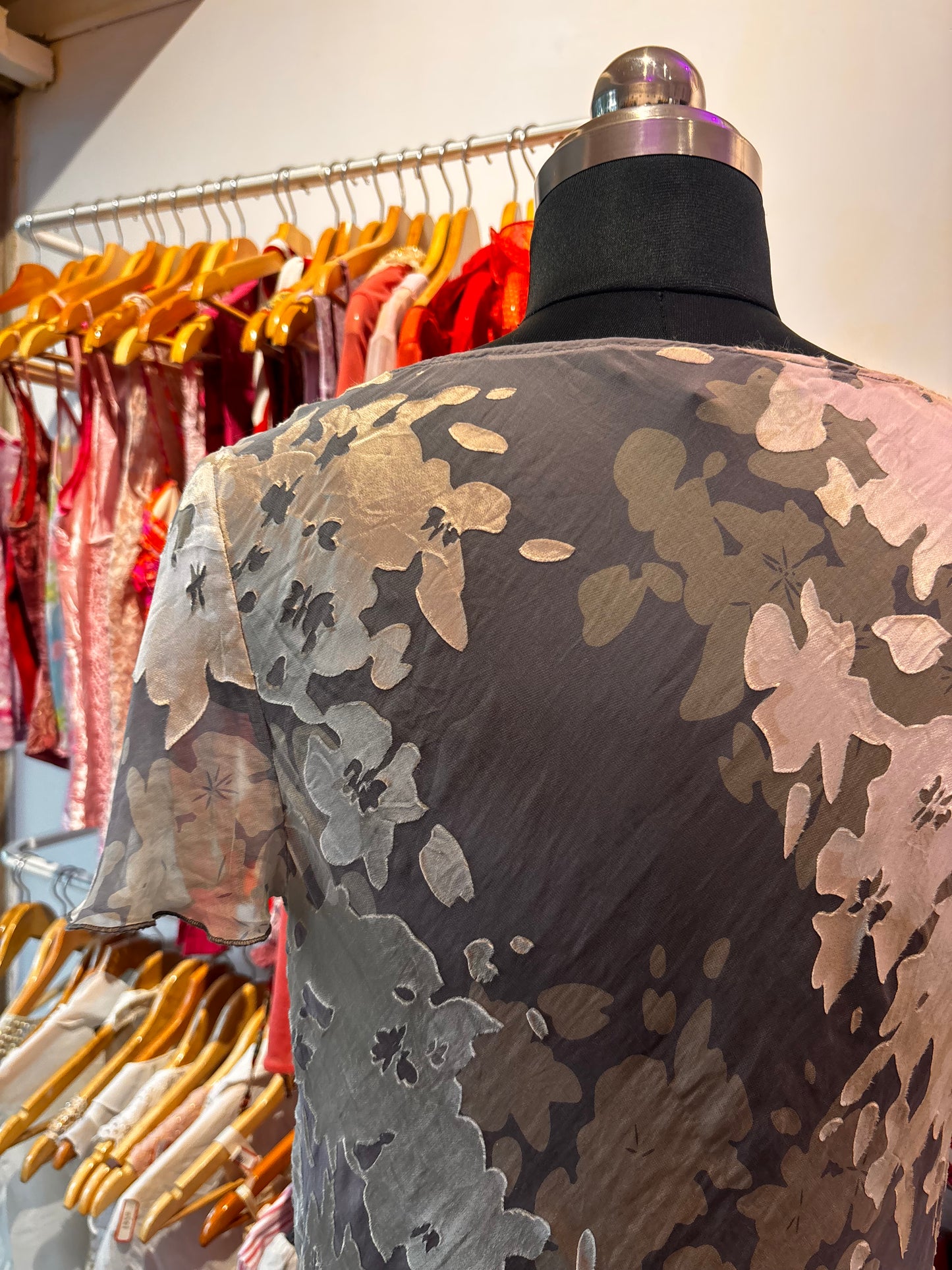Cowl neck velvet print silk blouse