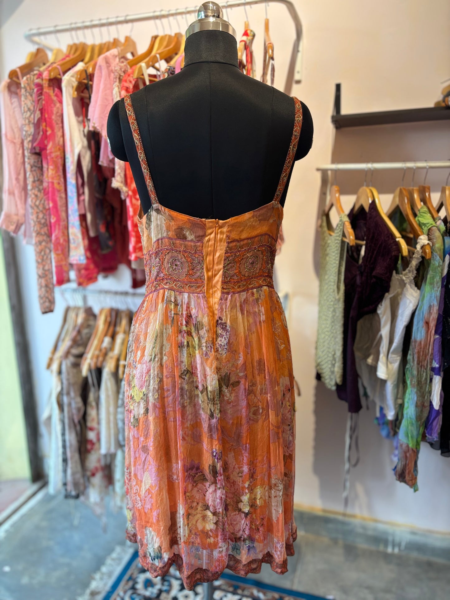 Celestial floral dress with dew drops and gold thread work