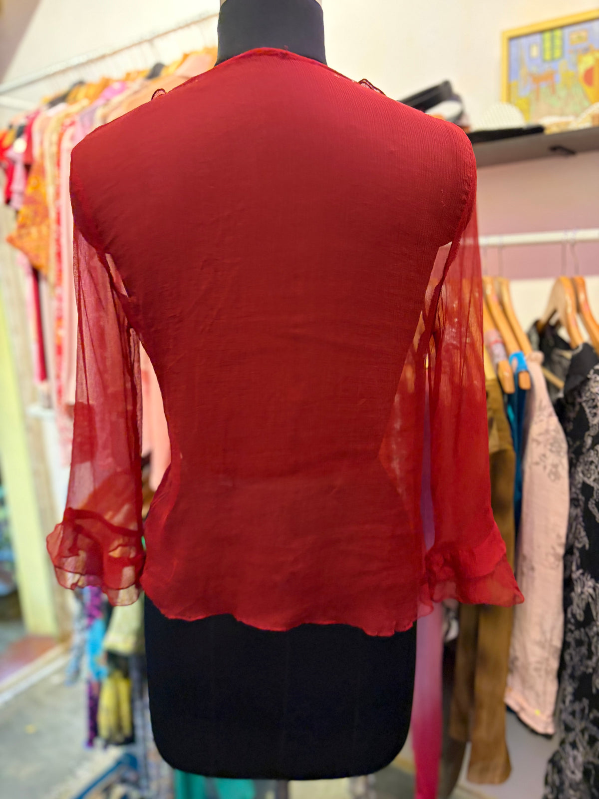 Red ruffle silk top