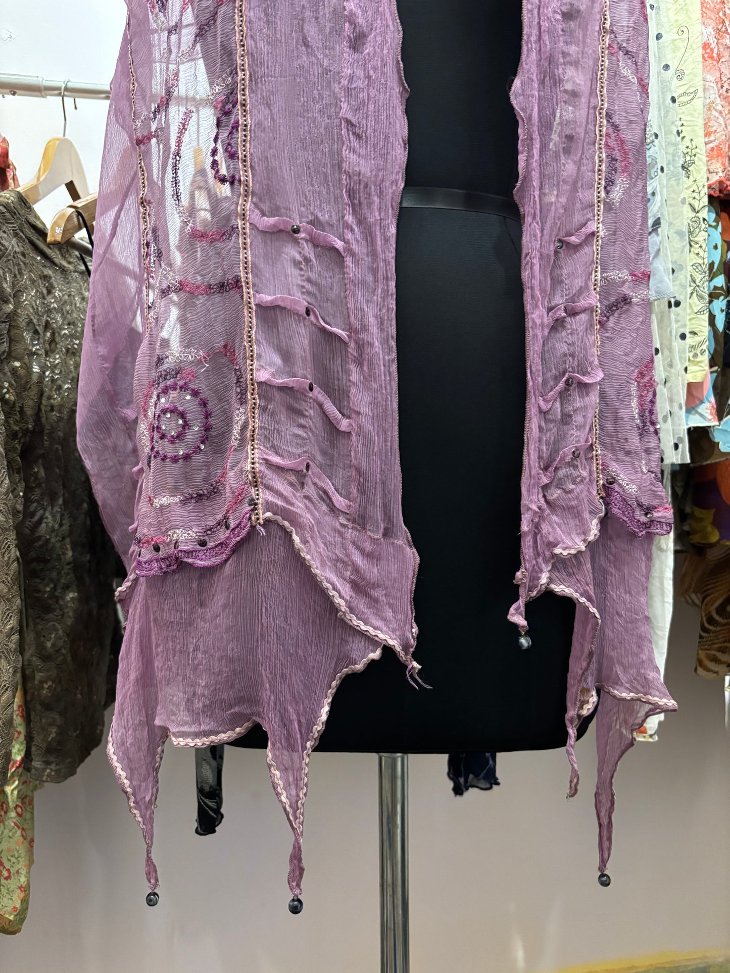 Purple beaded with sequins and thread scarf