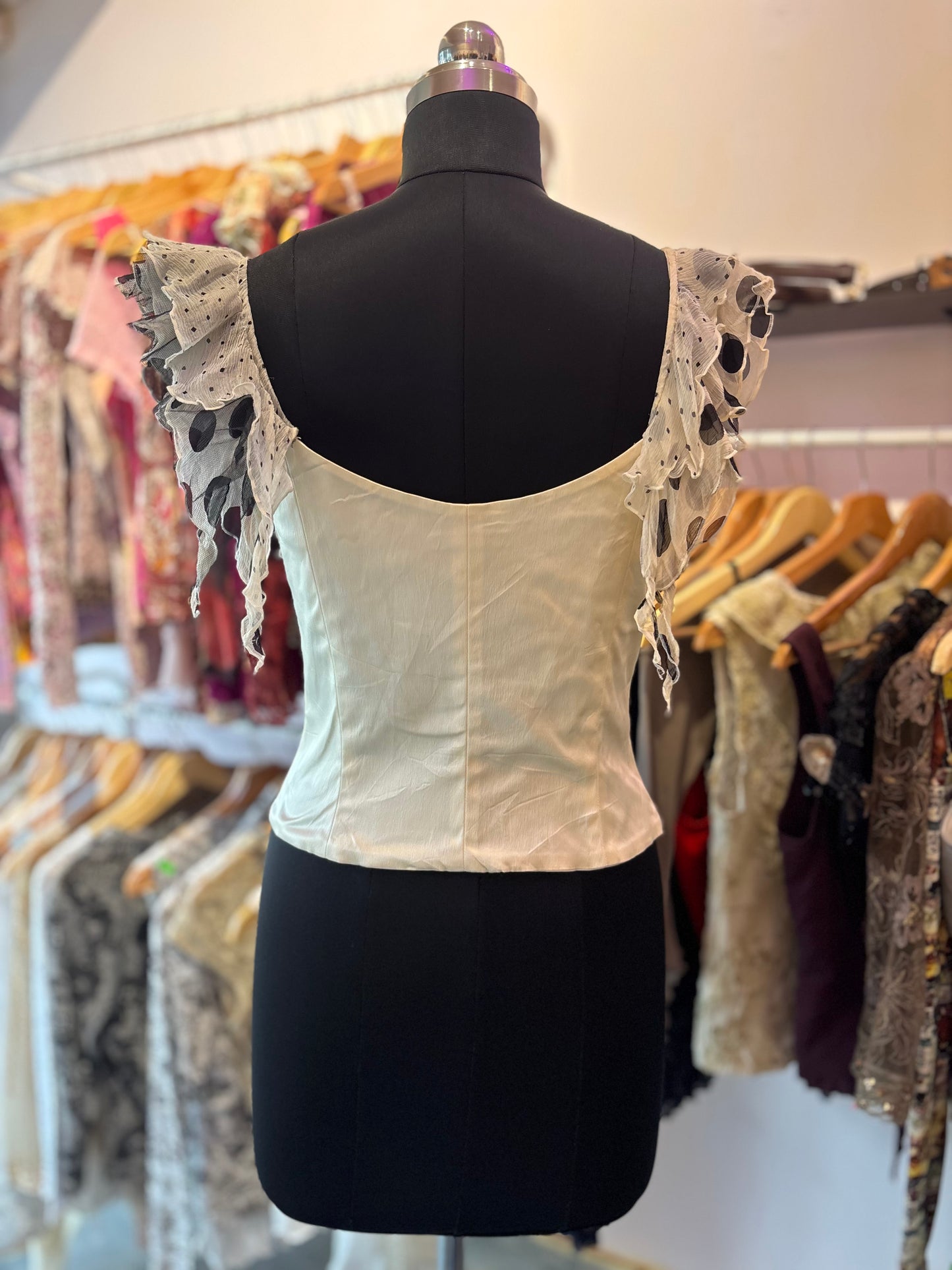 Vintage beige corset with polka sleeves