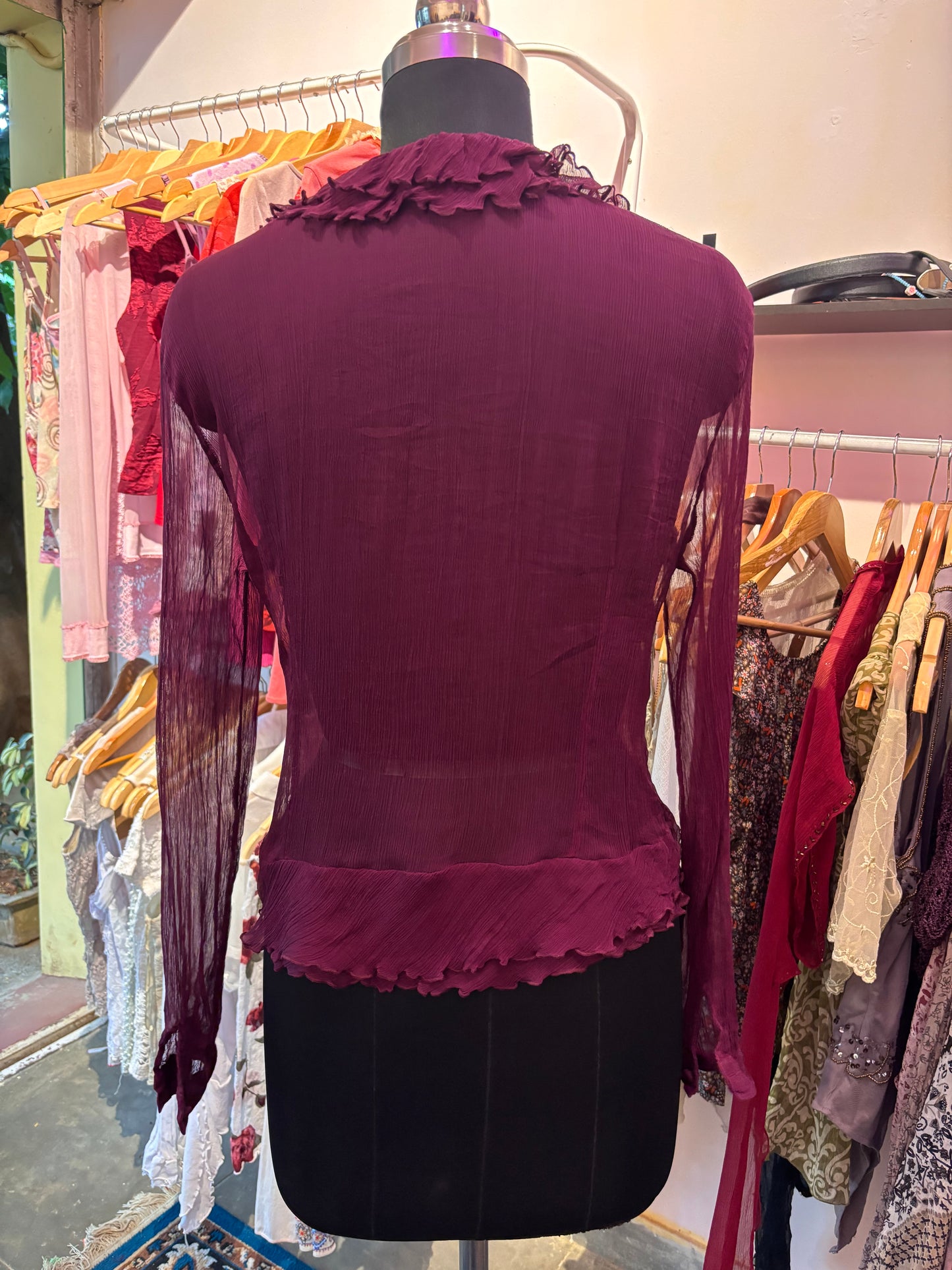 Wine ruffle 100 percent silk top