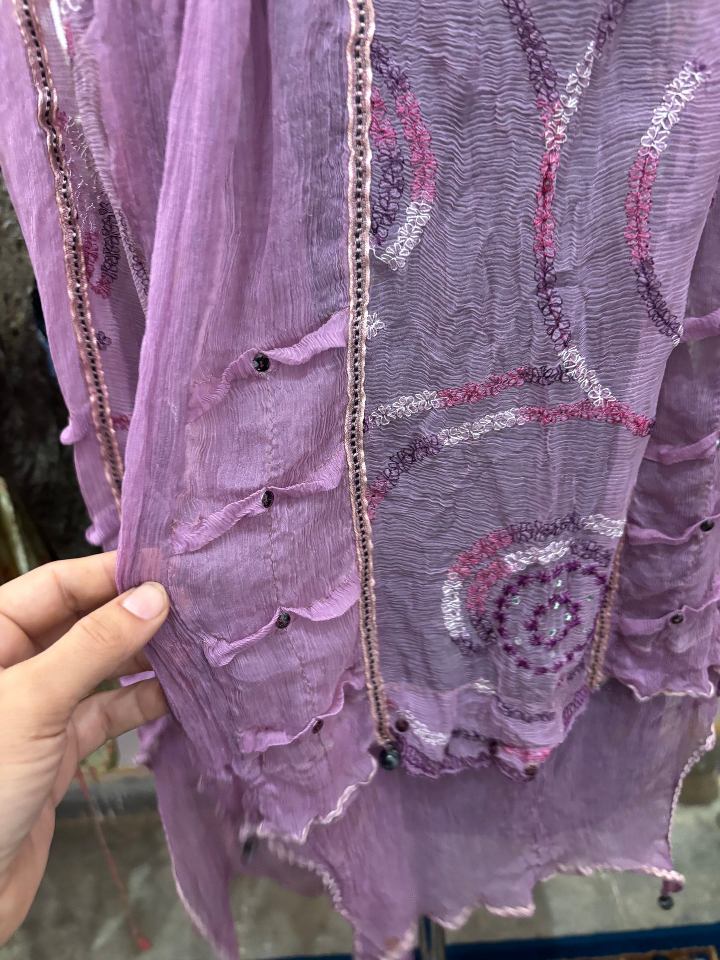 Purple beaded with sequins and thread scarf
