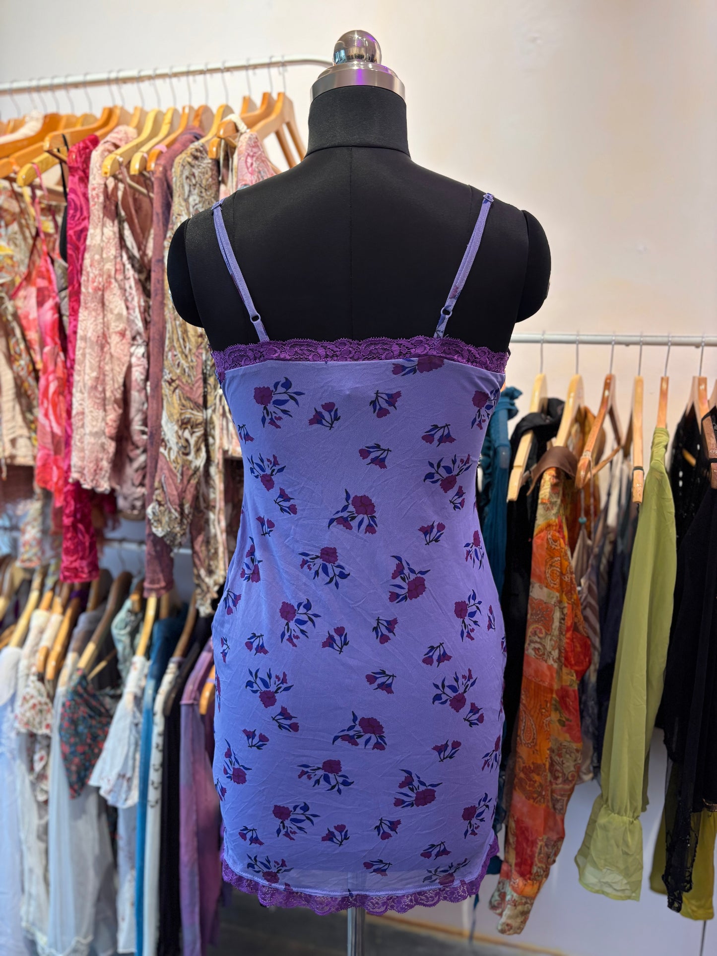 Purple floral dress with lacy neckline