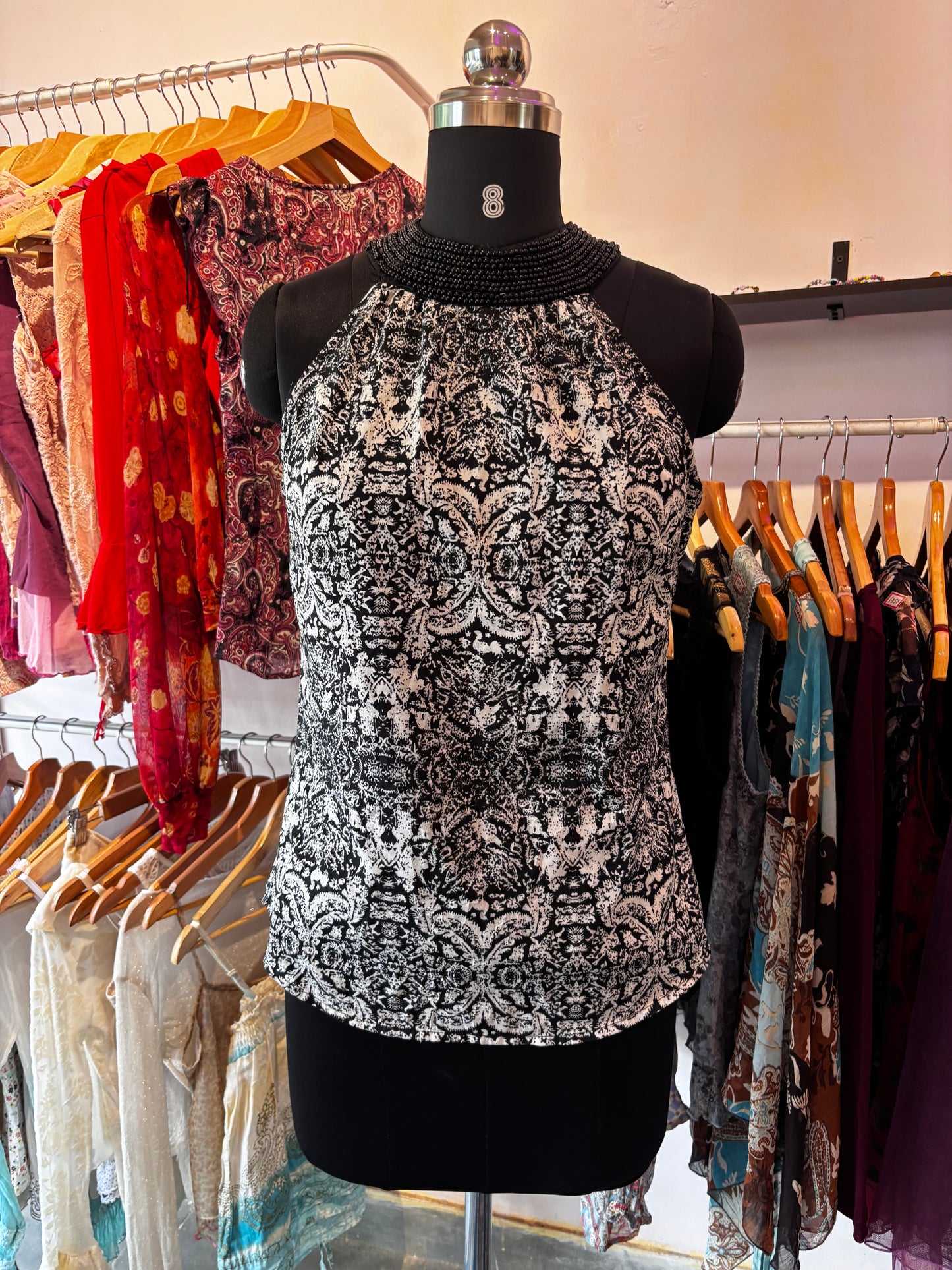 Bead neck baroque top