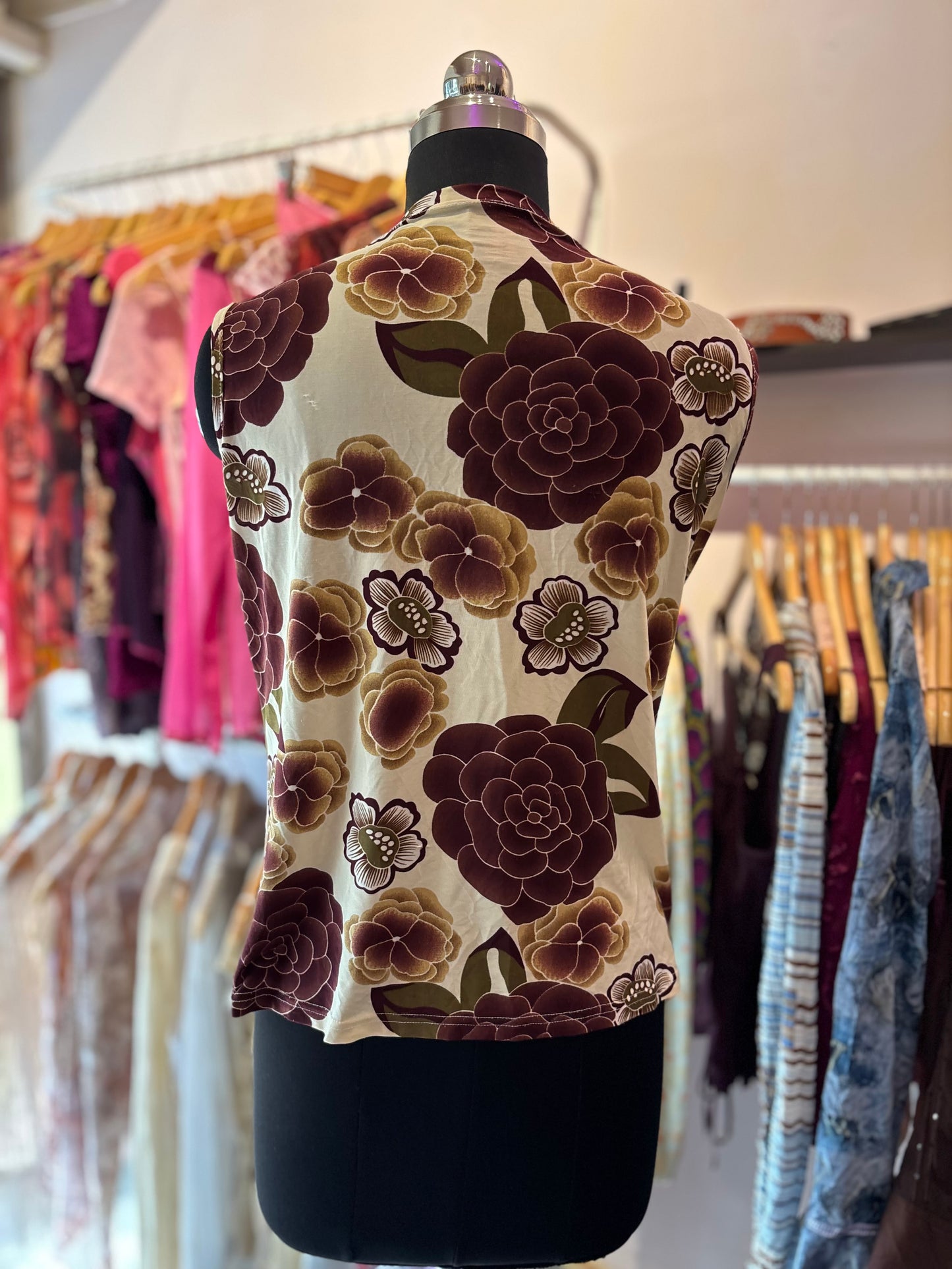 Purple flower cowl neck top