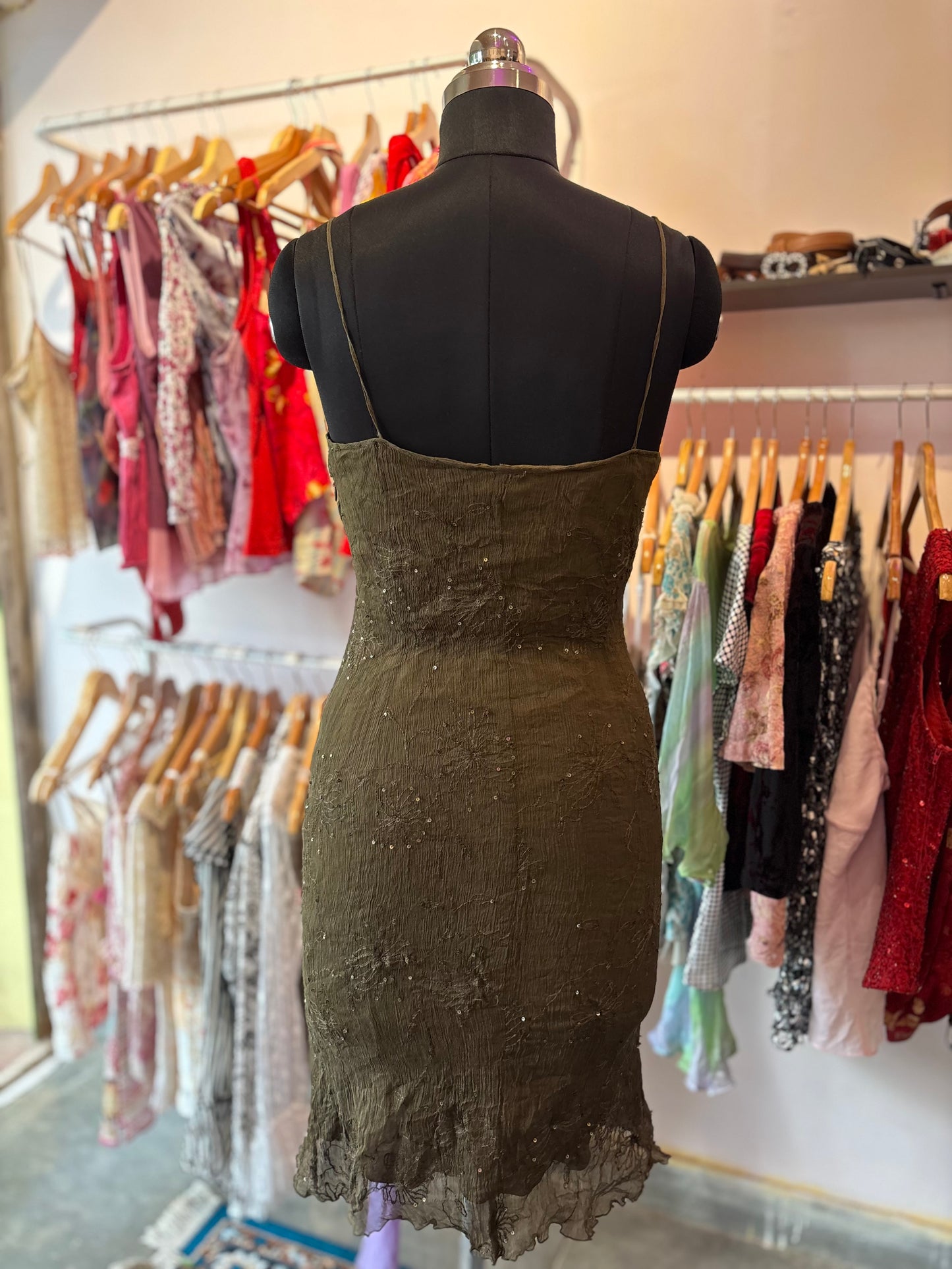 Olive silk sequins dress
