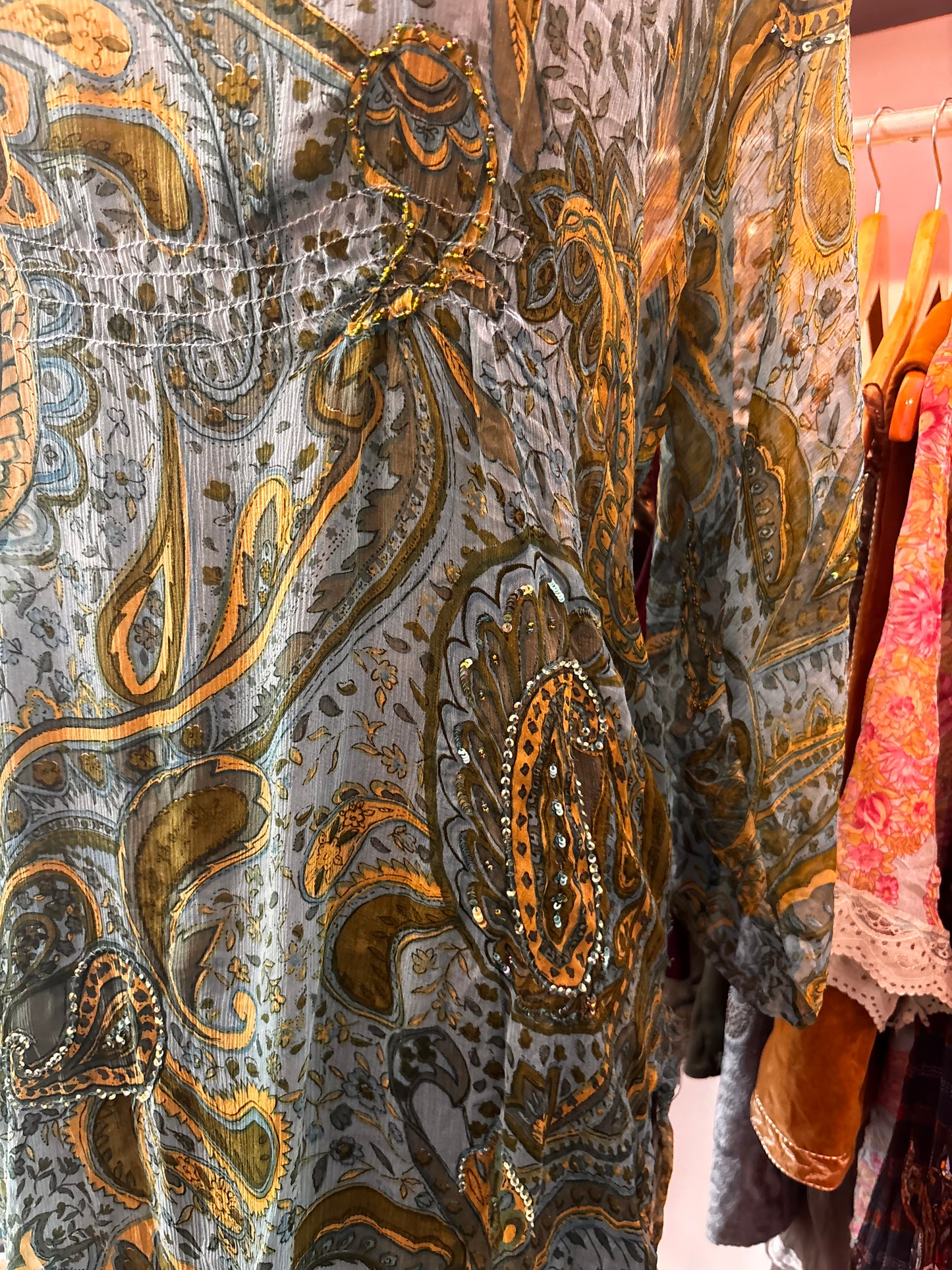 Paisley silk dress with sequins and bead work