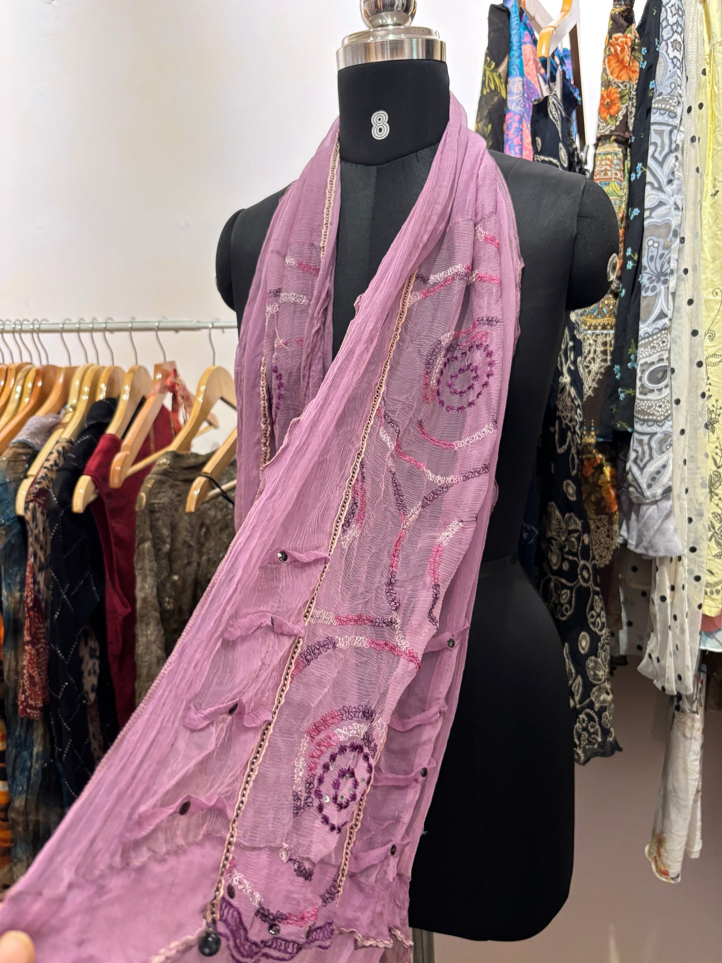 Purple beaded with sequins and thread scarf