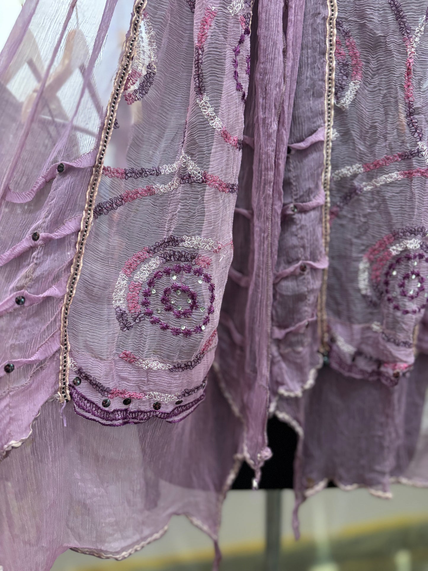 Purple beaded with sequins and thread scarf