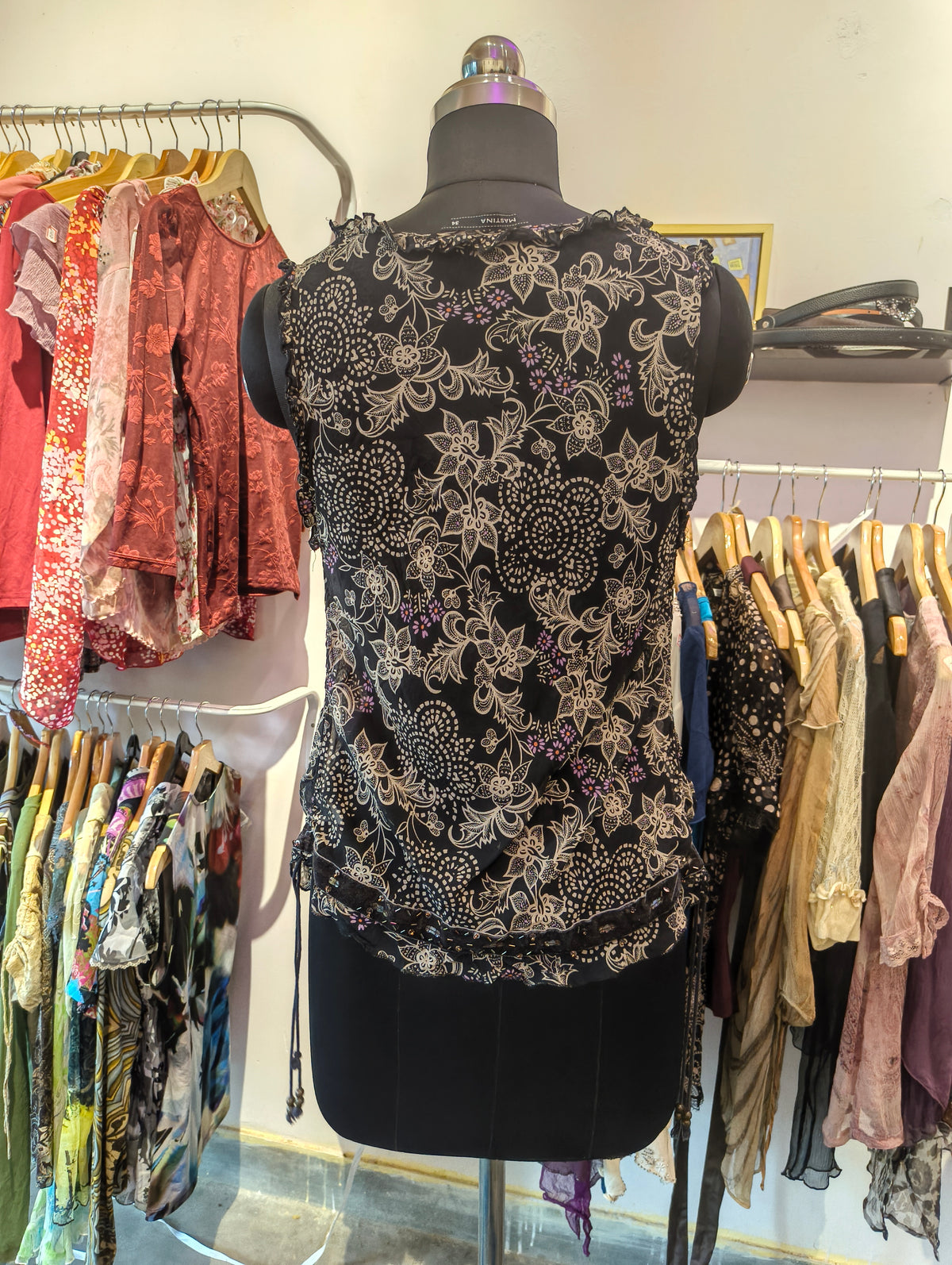 Floral silk top with side strings and velvet beaded ends