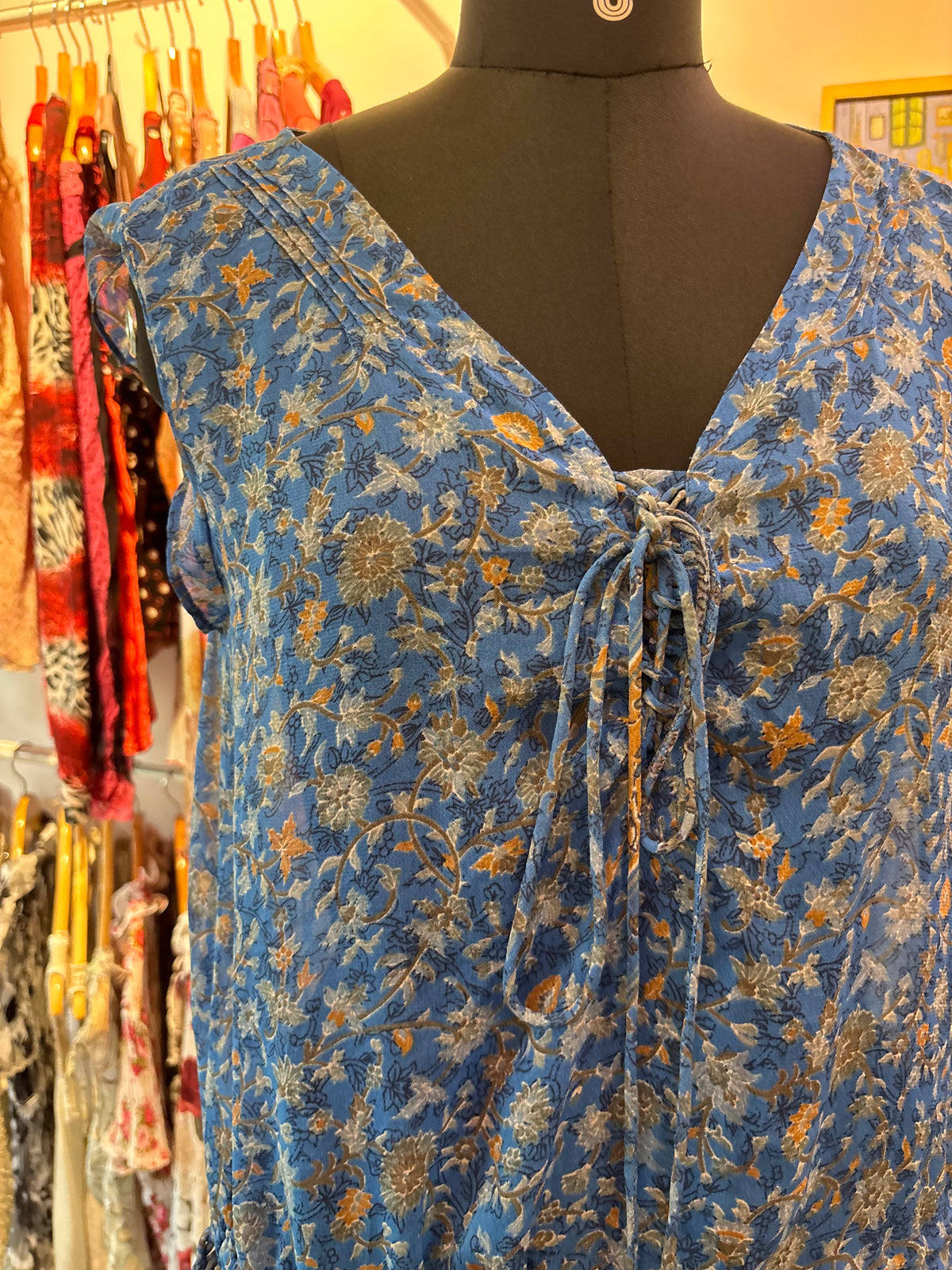 Blue Bohemian Floral Tassel Tunic