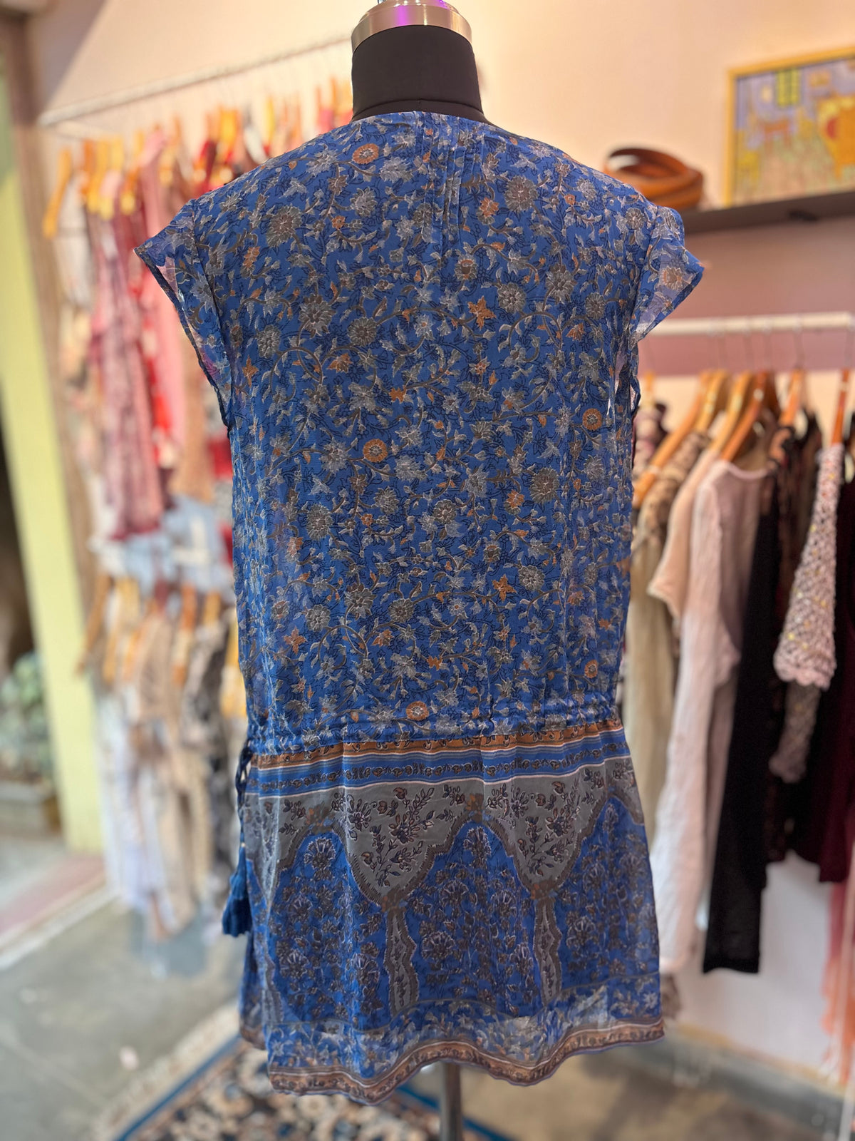 Blue Bohemian Floral Tassel Tunic