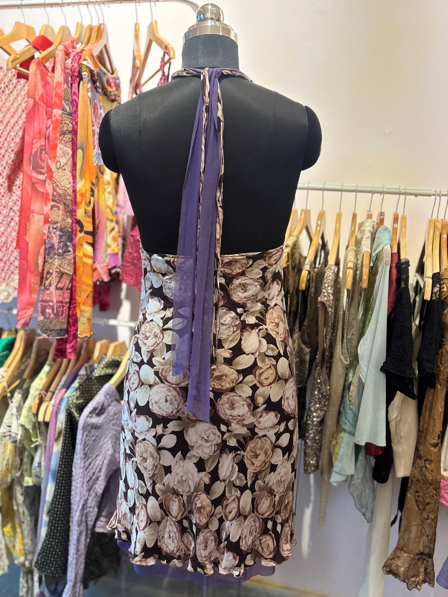 Roses silk halter neck dress