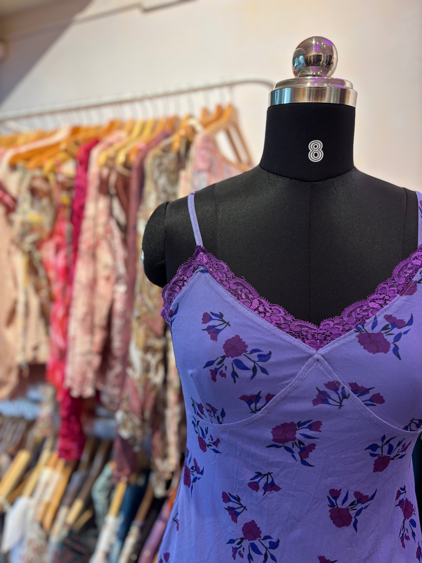 Purple floral dress with lacy neckline