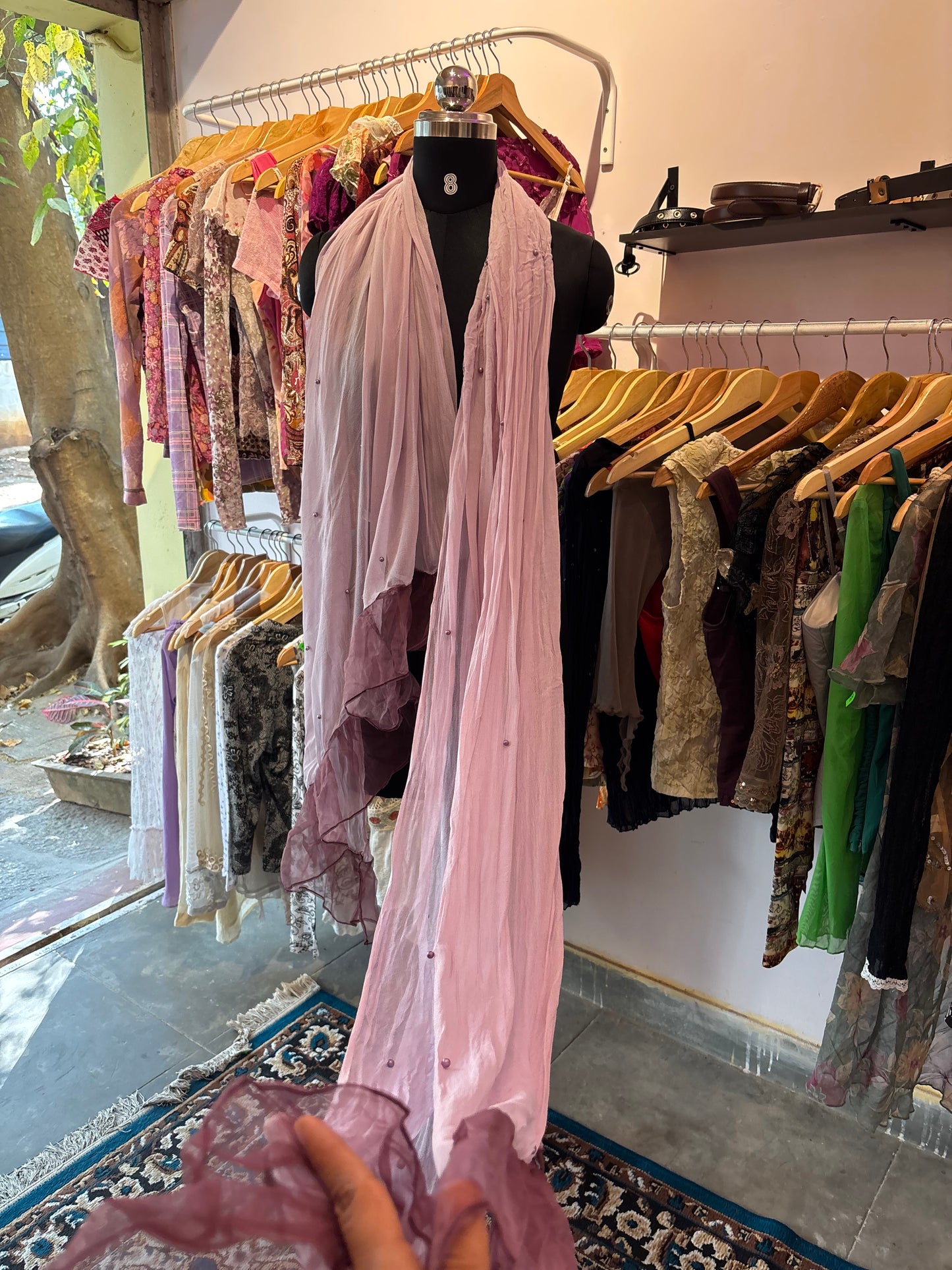 Purple scarf with pearl details and organza frill at the end