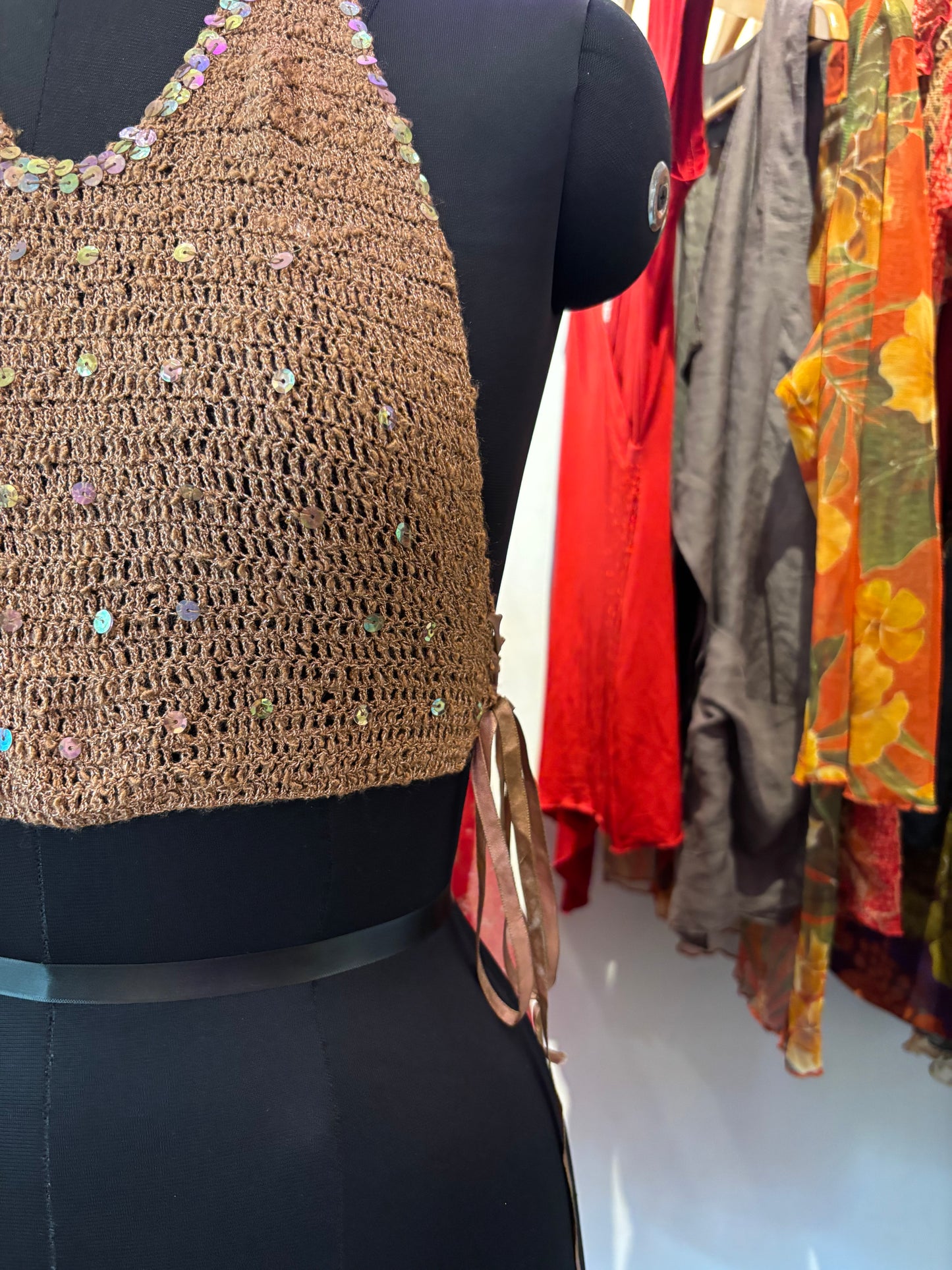 Cappuccino crochet sequin halter neck