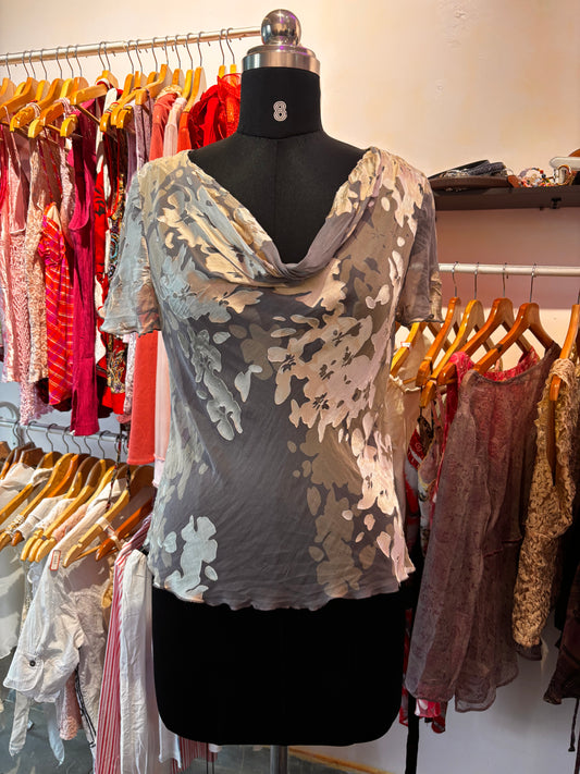 Cowl neck velvet print silk blouse