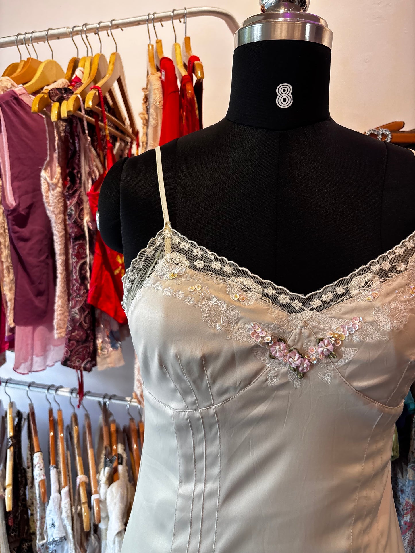 Rose embroidered lacy neck satin dress