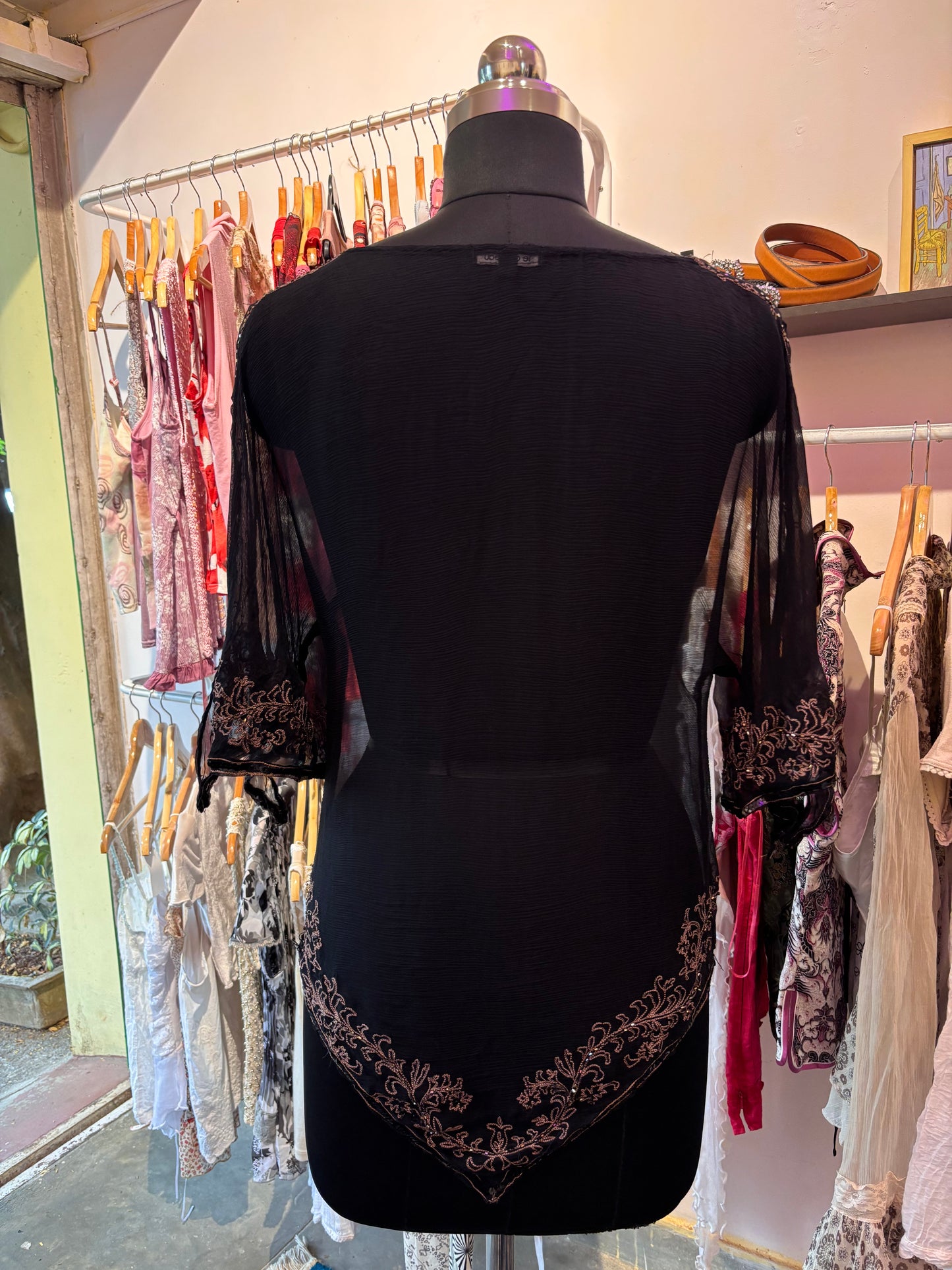 100 percent silk assymetrical top with bead and thread work