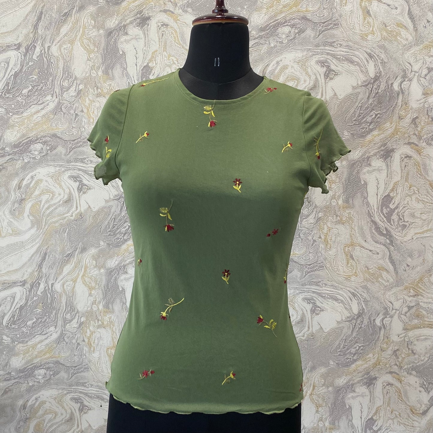 Green floral embroidered top