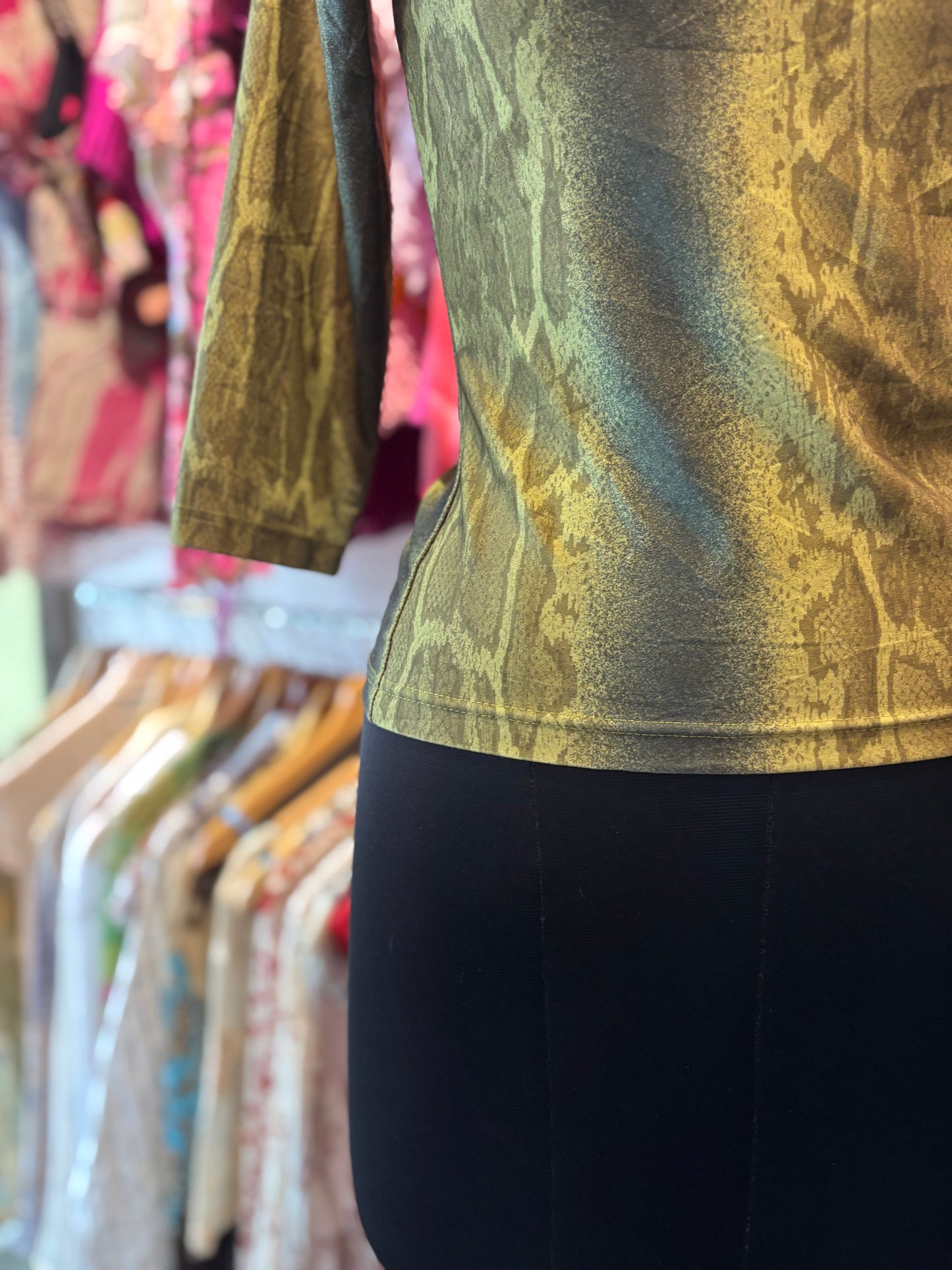 Snake print top with lacy neck