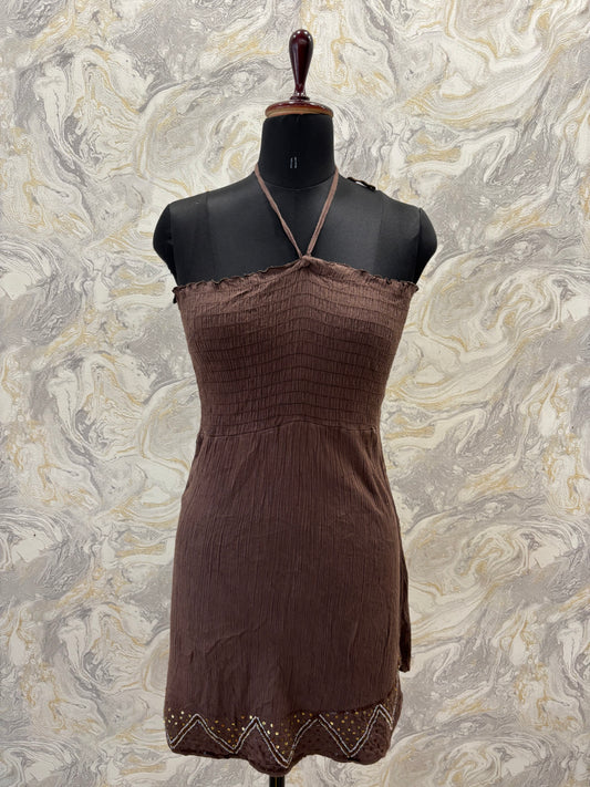 Coffee halter neck dress with sequins details
