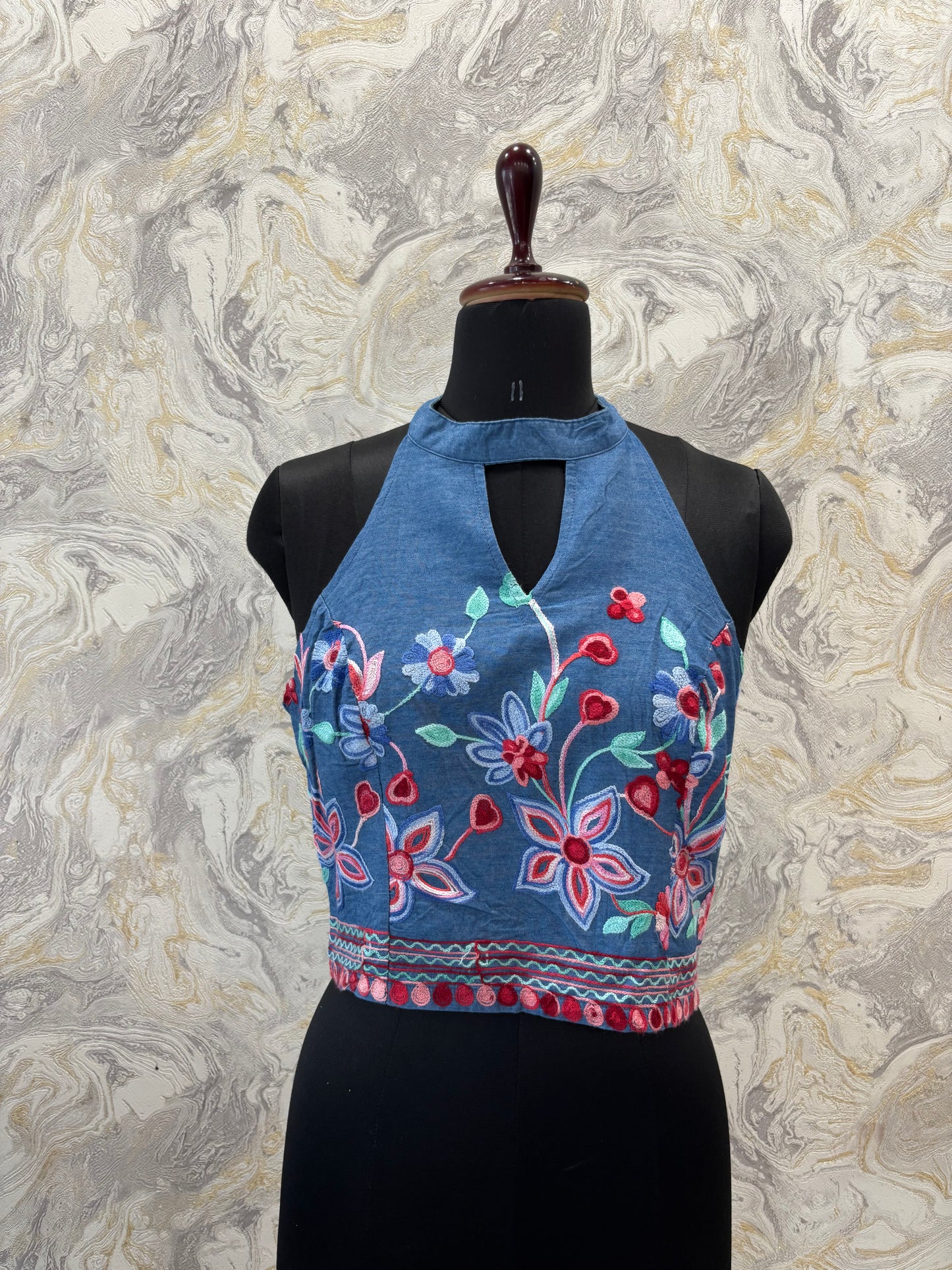 Embroidered denim top