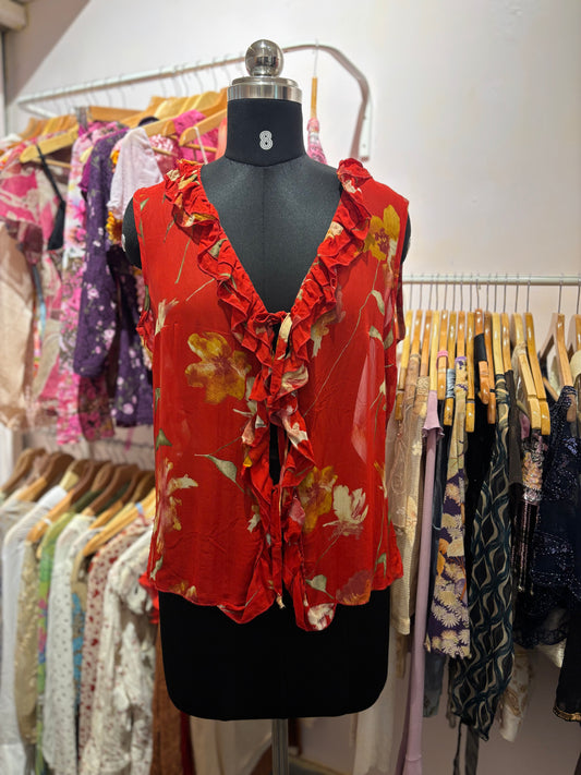 Red floral ruffle top
