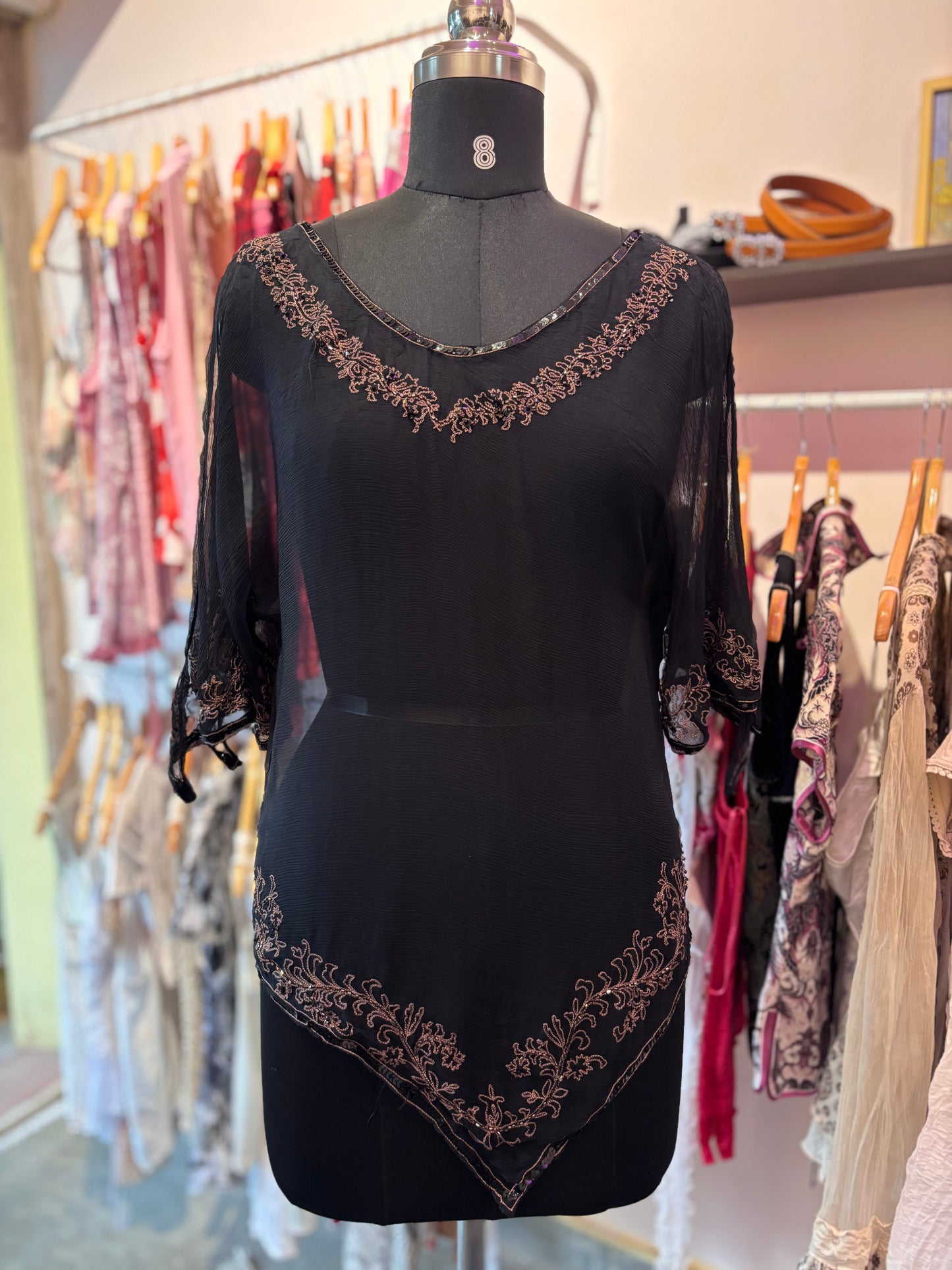 100 percent silk assymetrical top with bead and thread work