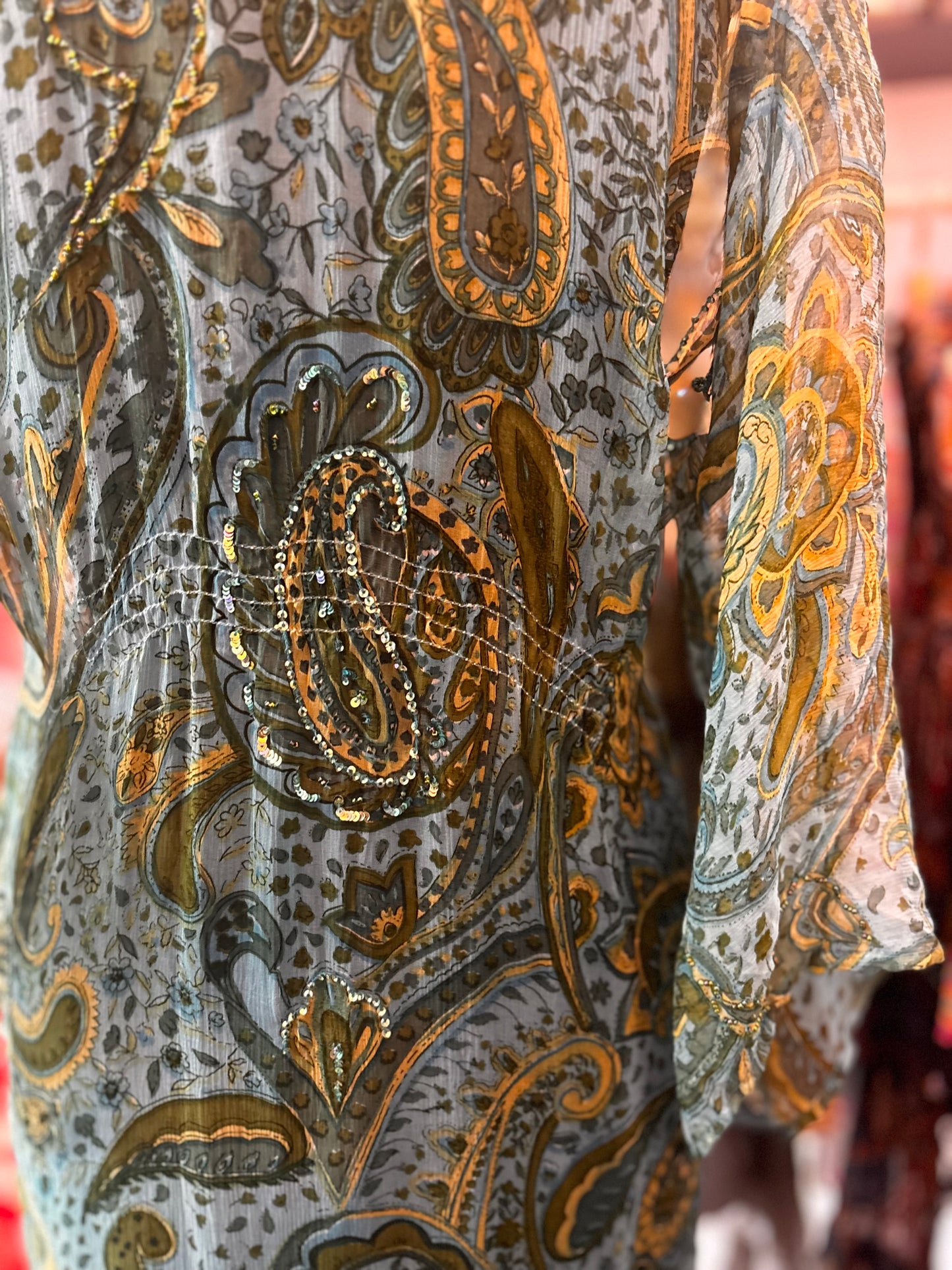 Paisley silk dress with sequins and bead work