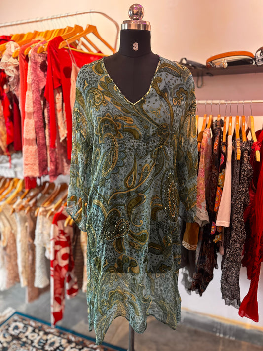Paisley silk dress with sequins and bead work