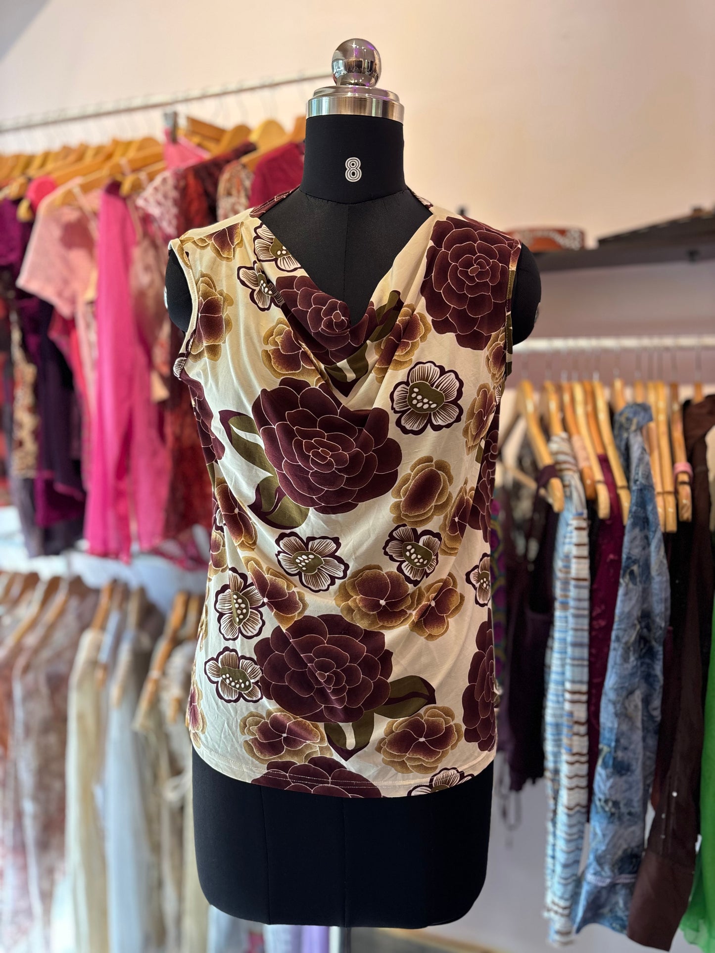 Purple flower cowl neck top