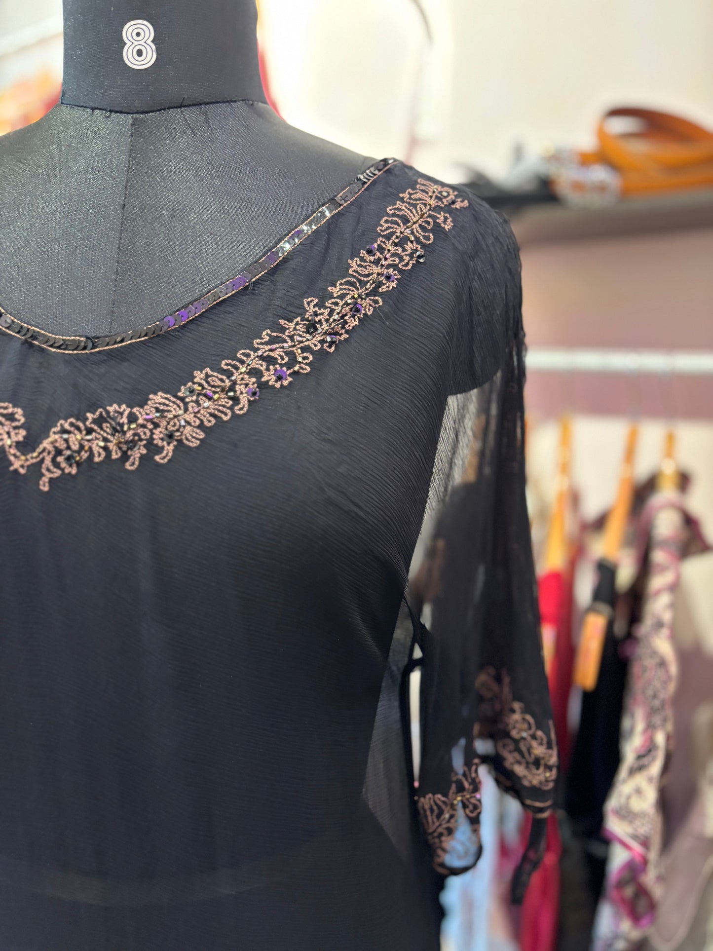 100 percent silk assymetrical top with bead and thread work