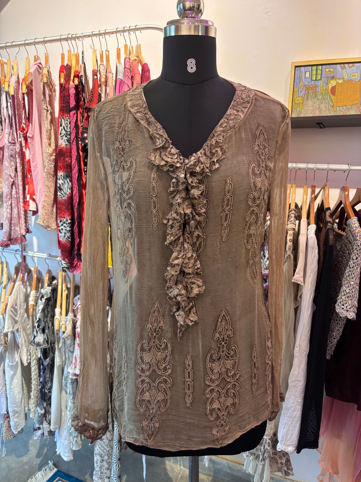 Super Vintage Silk Embroidered Tunic with Ornate Applique & Ruffle Trim