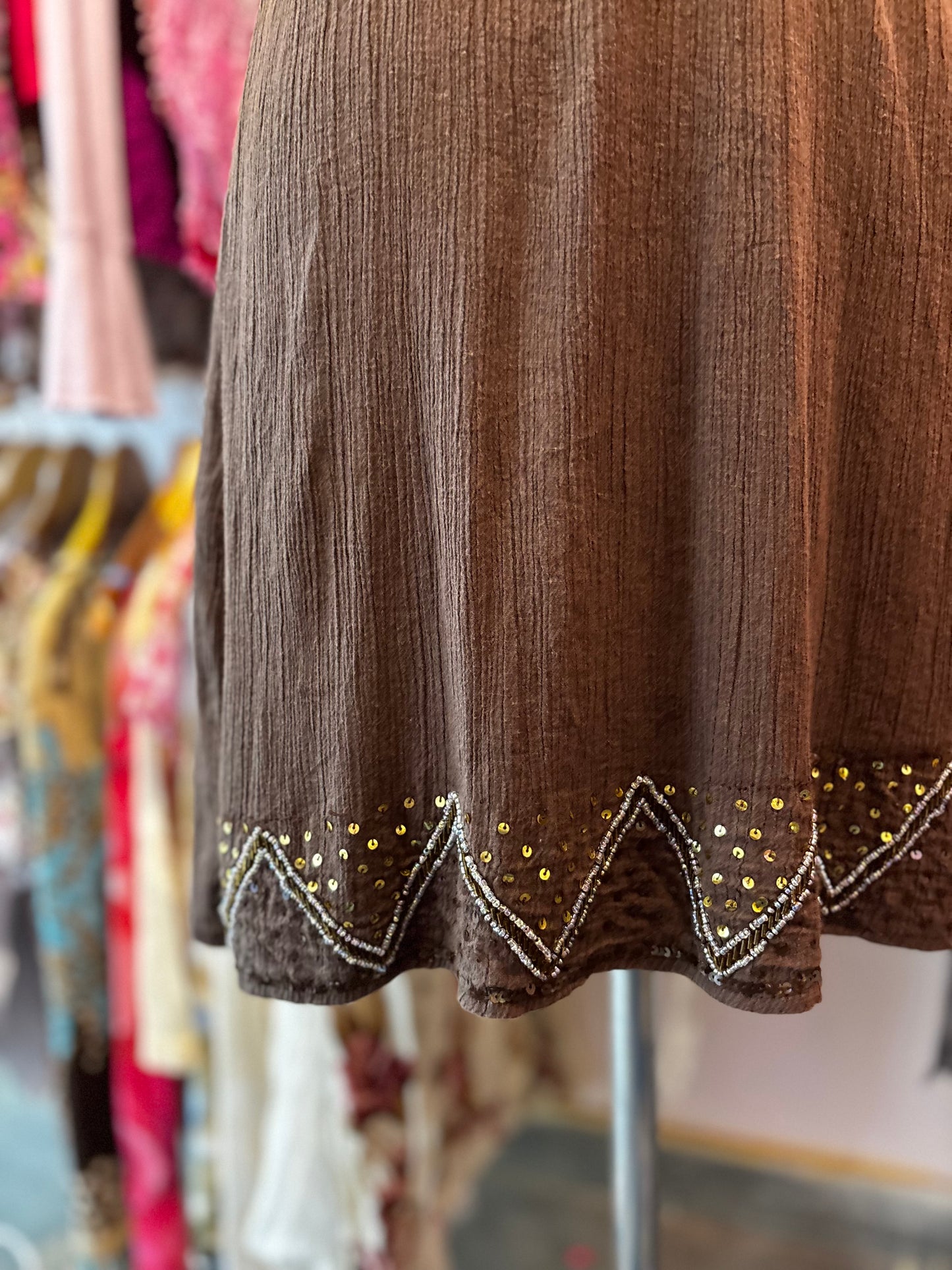 Coffee halter neck dress with sequins details