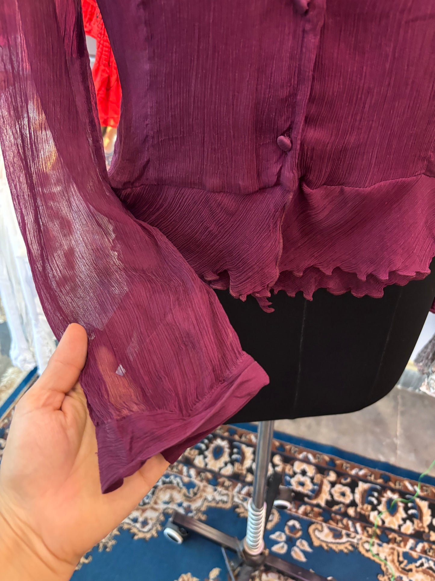 Wine ruffle 100 percent silk top