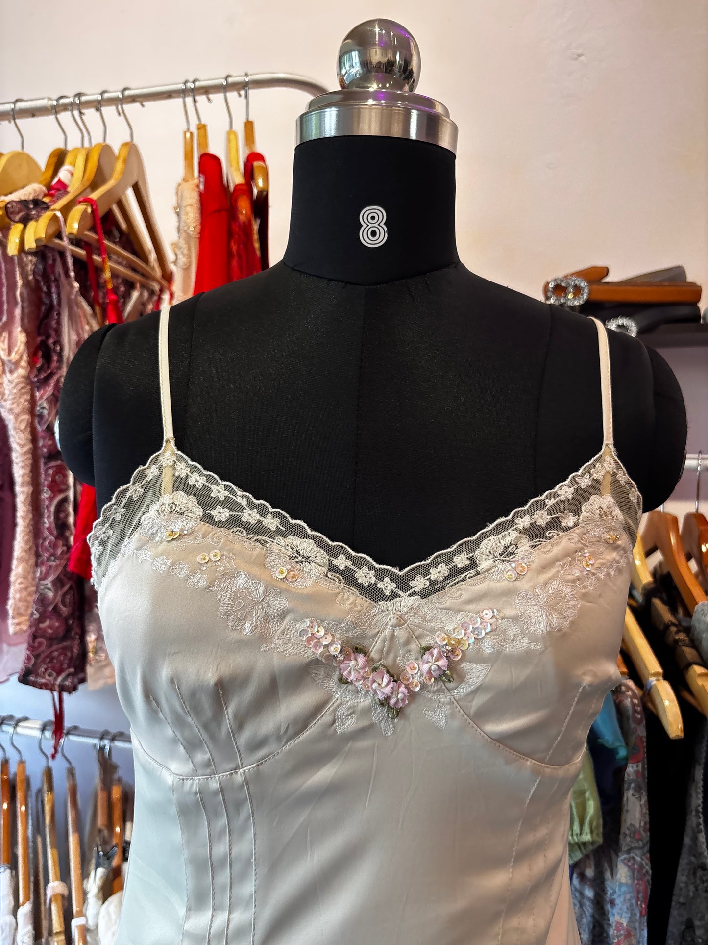 Rose embroidered lacy neck satin dress