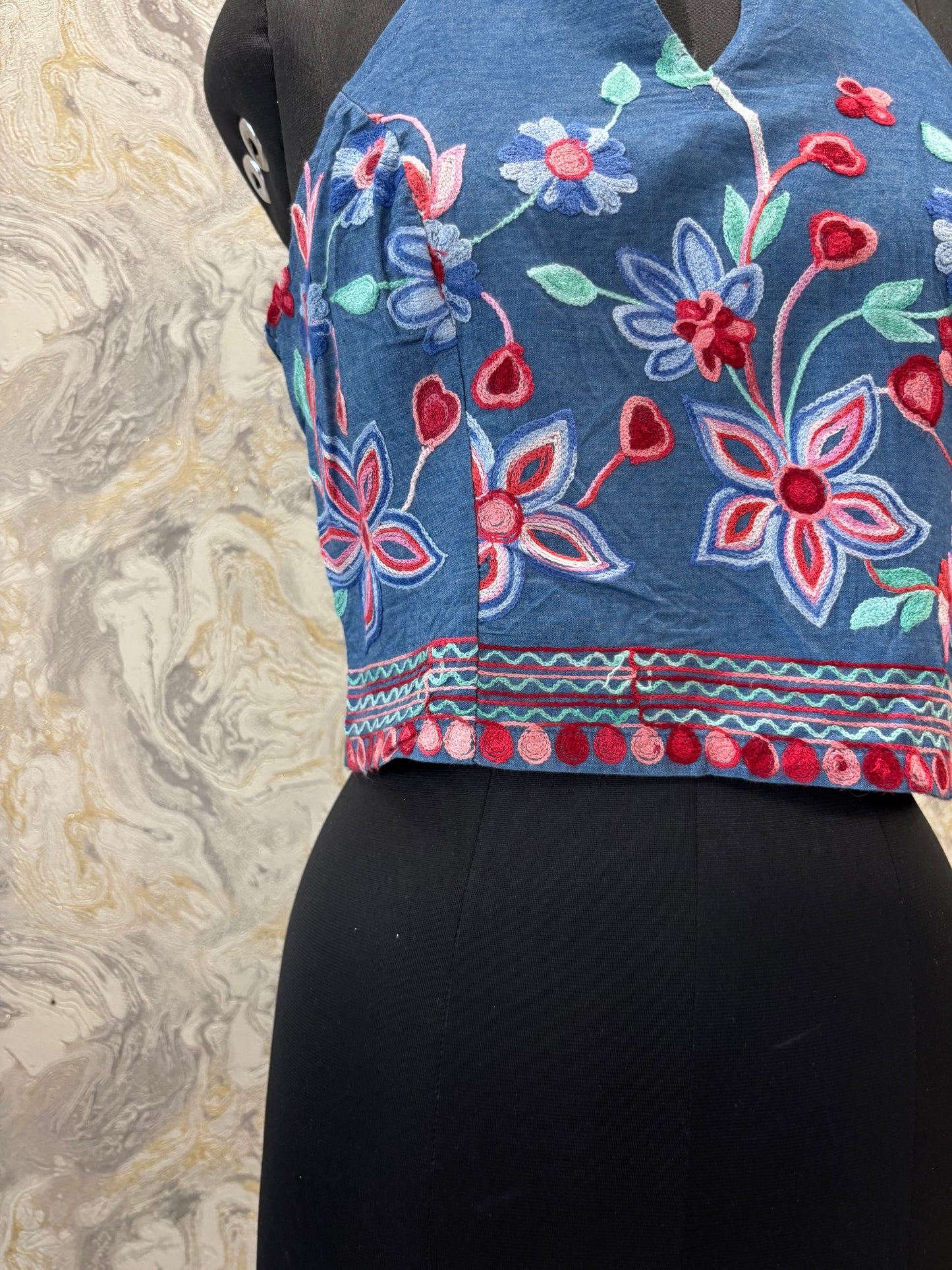 Embroidered denim top
