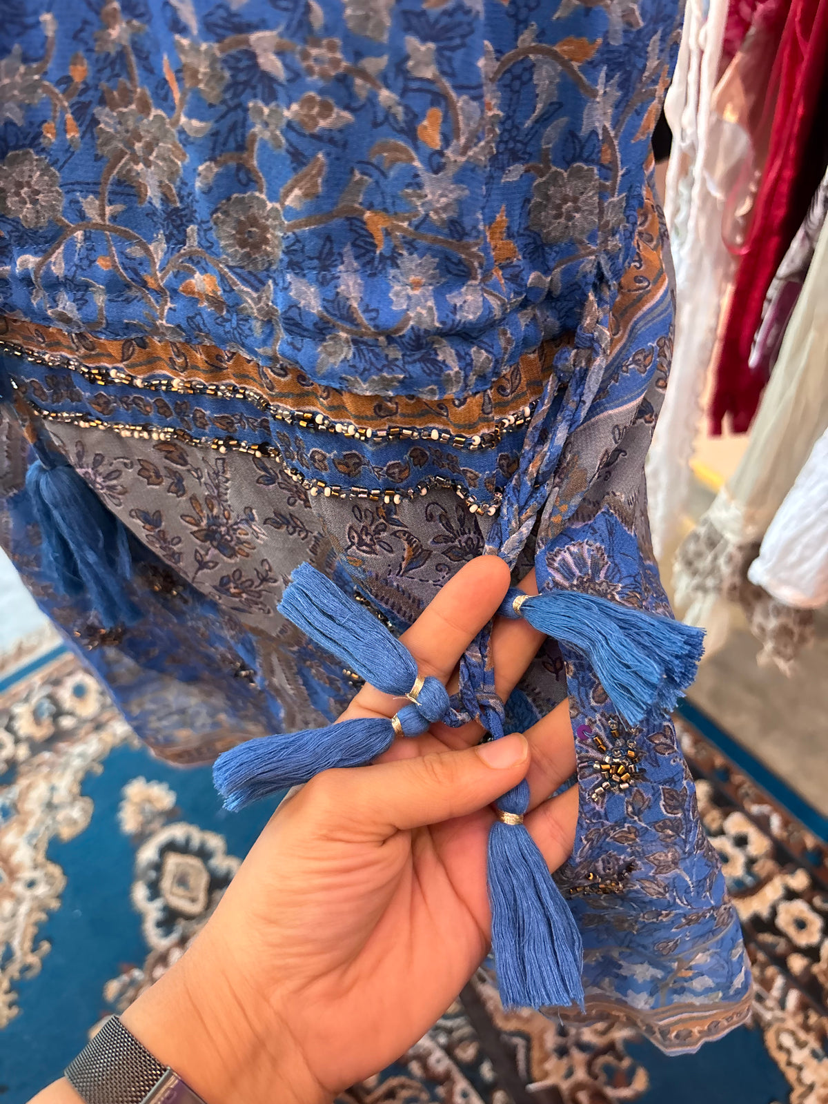 Blue Bohemian Floral Tassel Tunic