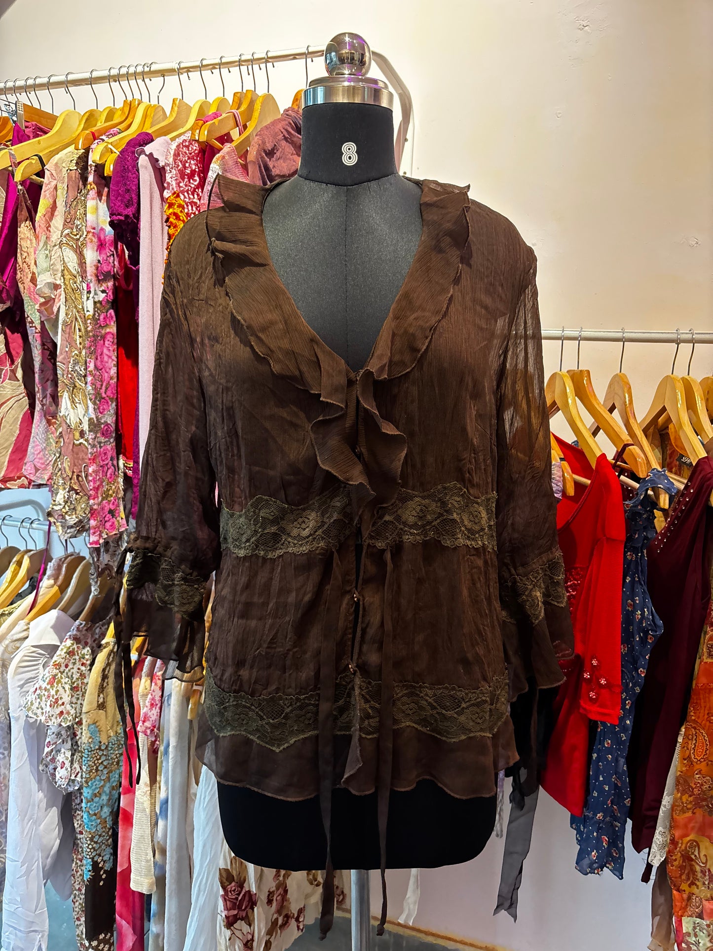 Coffee ruffle lacy shirt