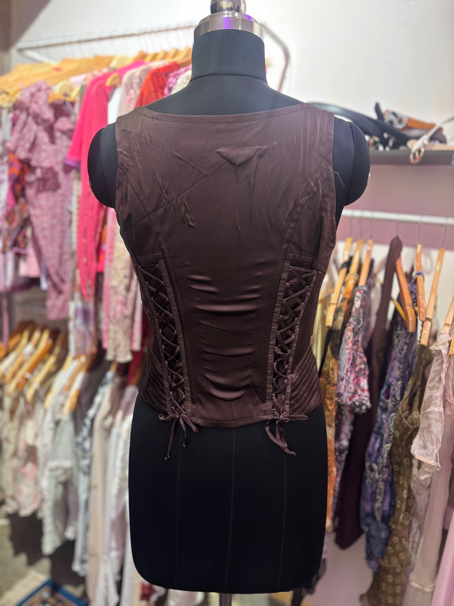 Brown panel back strings corset