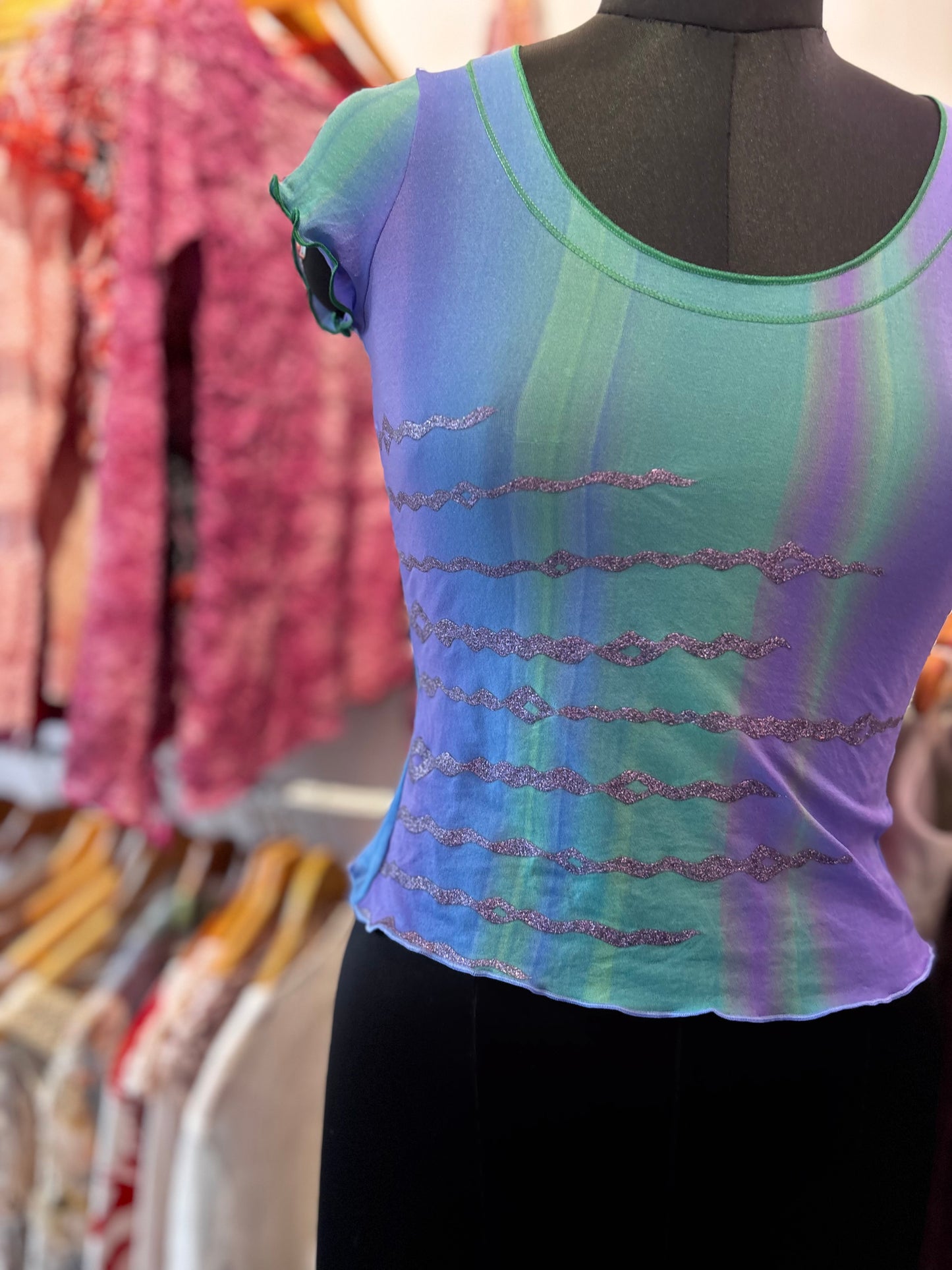 Purple green glitter top
