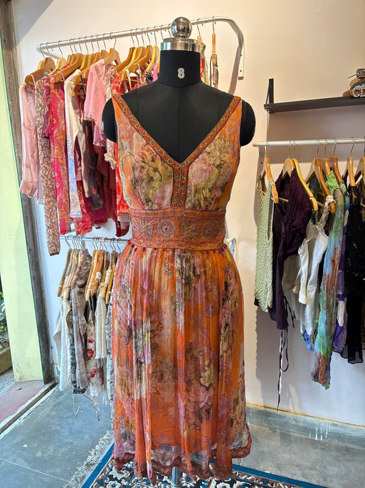 Celestial floral dress with dew drops and gold thread work