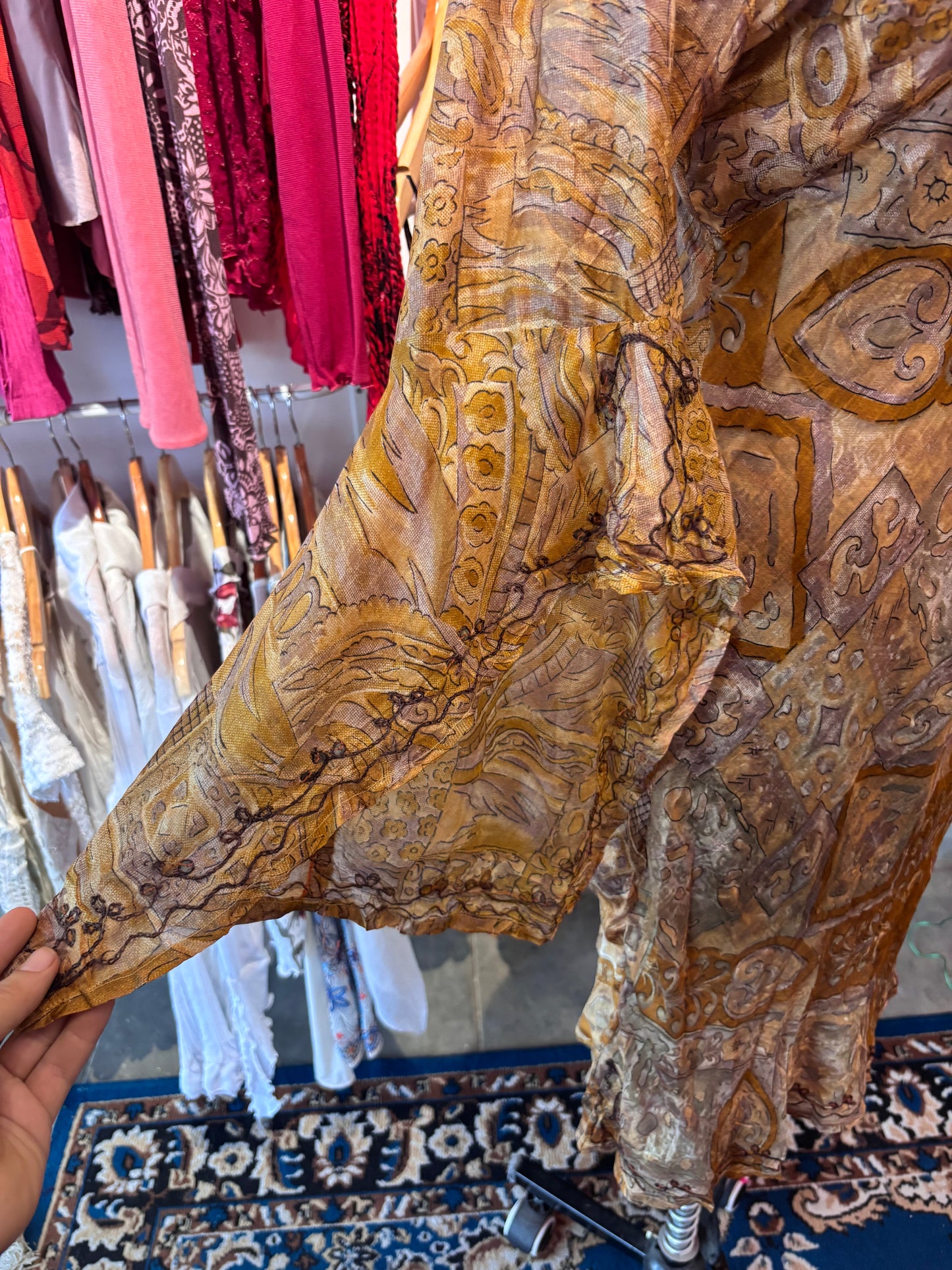 Golden hour silk dress with flared sleeves