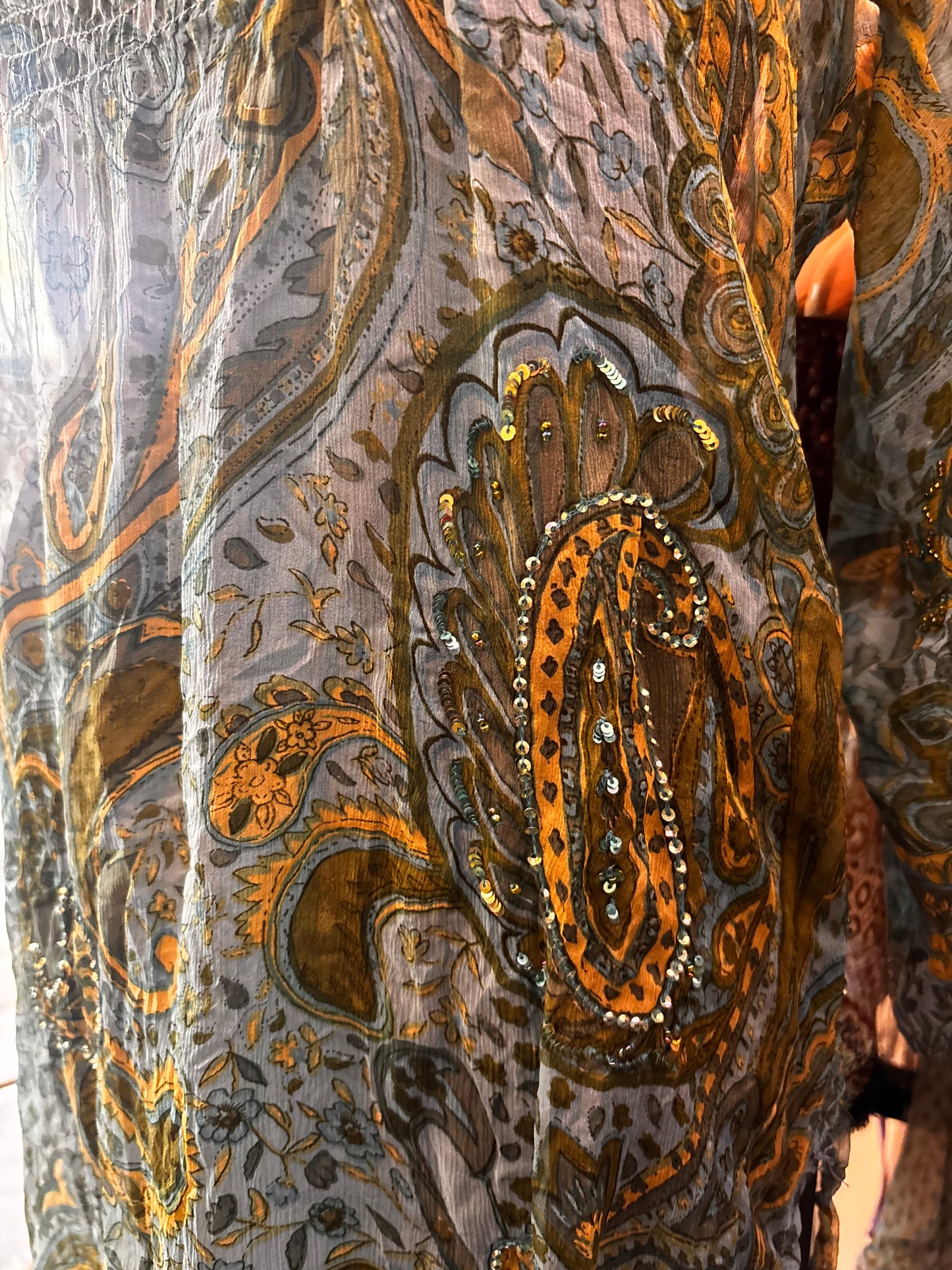 Paisley silk dress with sequins and bead work