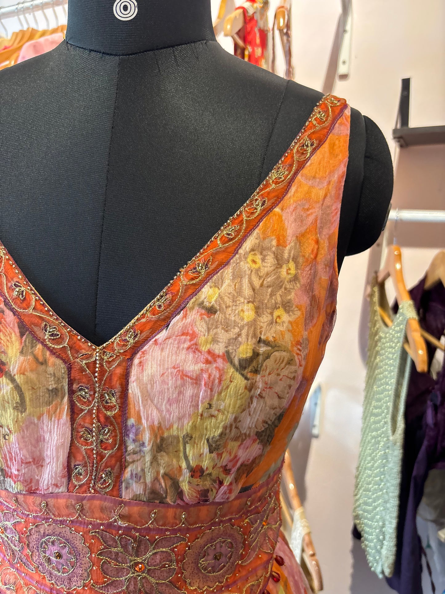 Celestial floral dress with dew drops and gold thread work