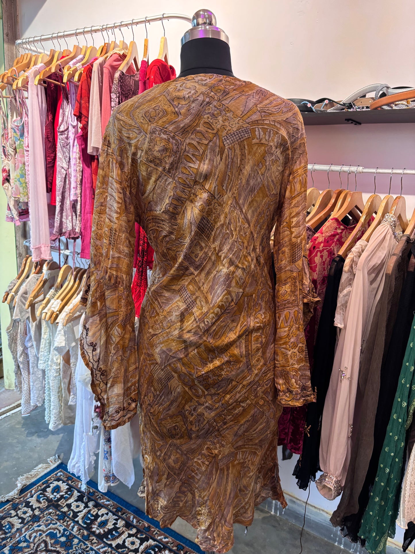 Golden hour silk dress with flared sleeves