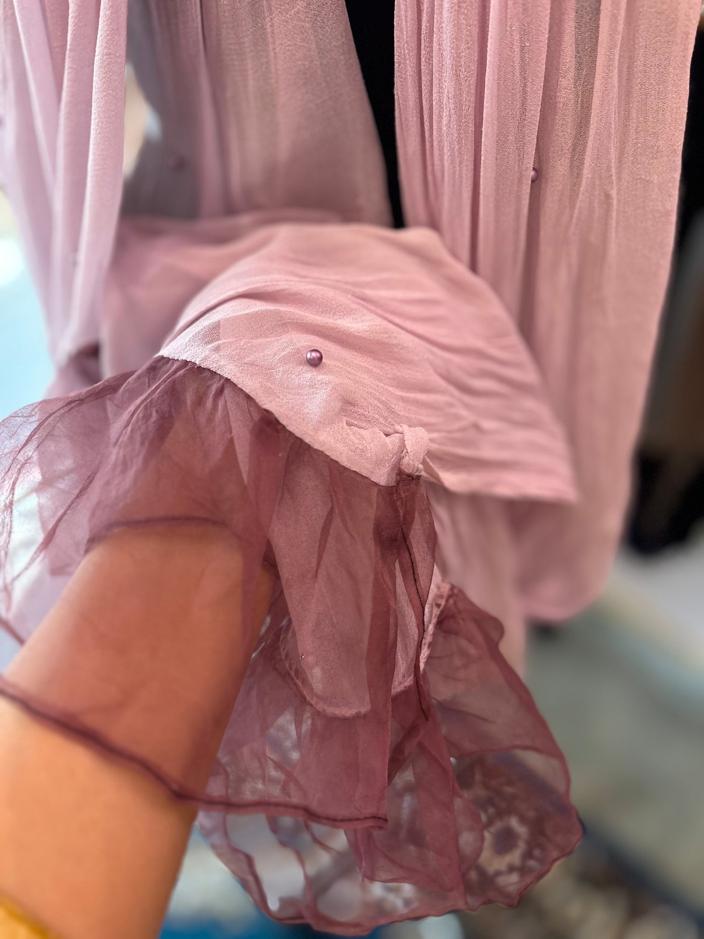Purple scarf with pearl details and organza frill at the end