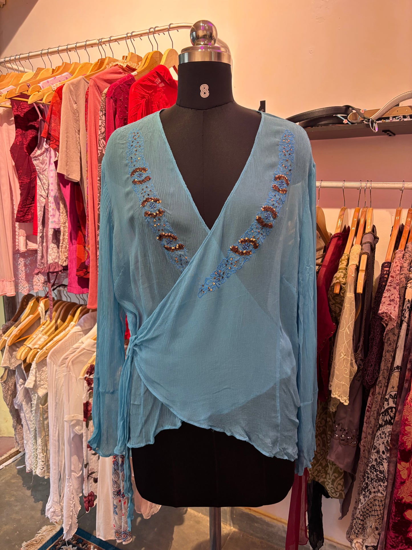 Blue embroidered wrap silk top